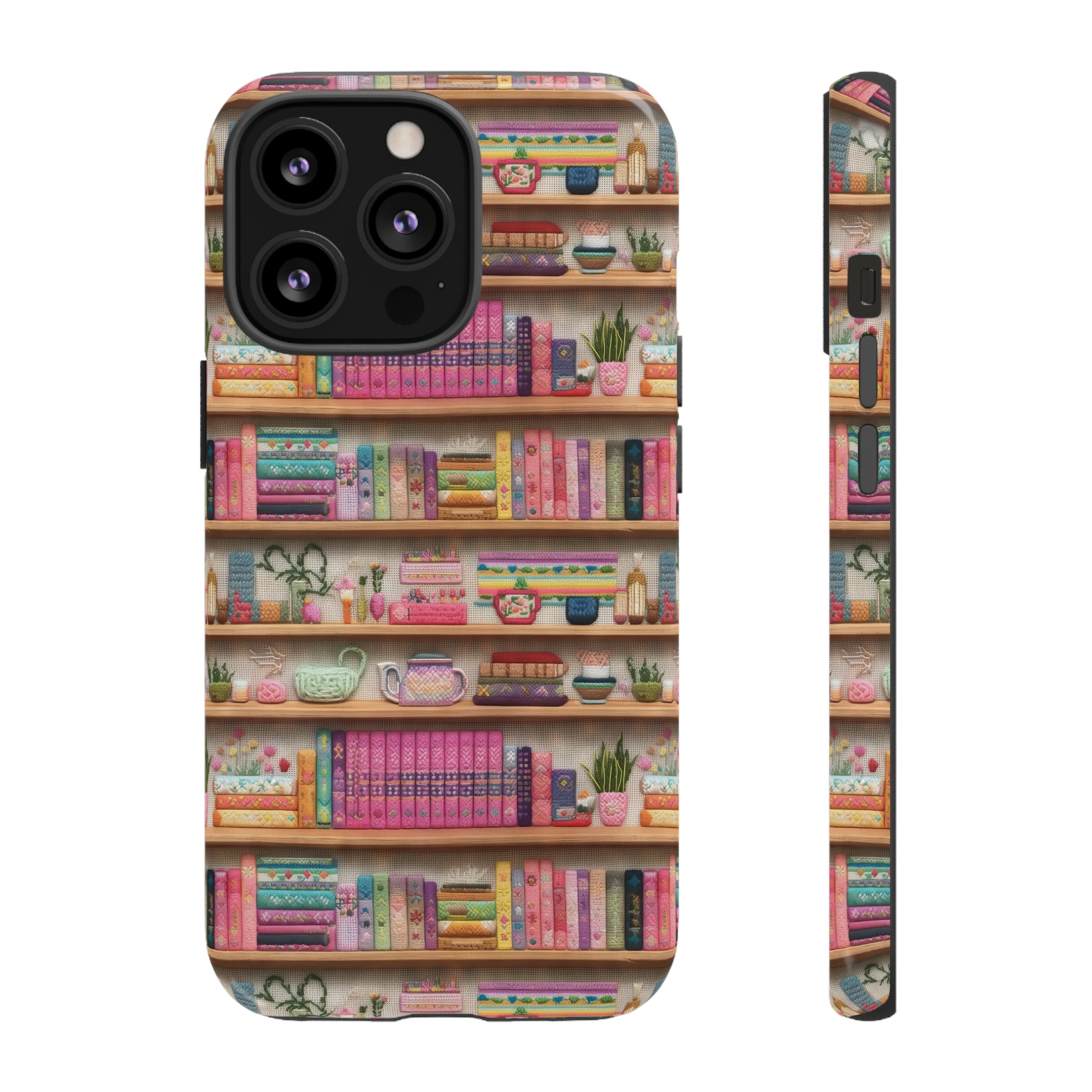 Phone Case 3D Illusion Books & Shelf Embroidery Design with Vibrant Colors Gift for Her Phone 15, Samsung iPhone Samsung Gift for Her Case iPhone 15, Samsung iPhone Samsung Accessory Gift for Her.