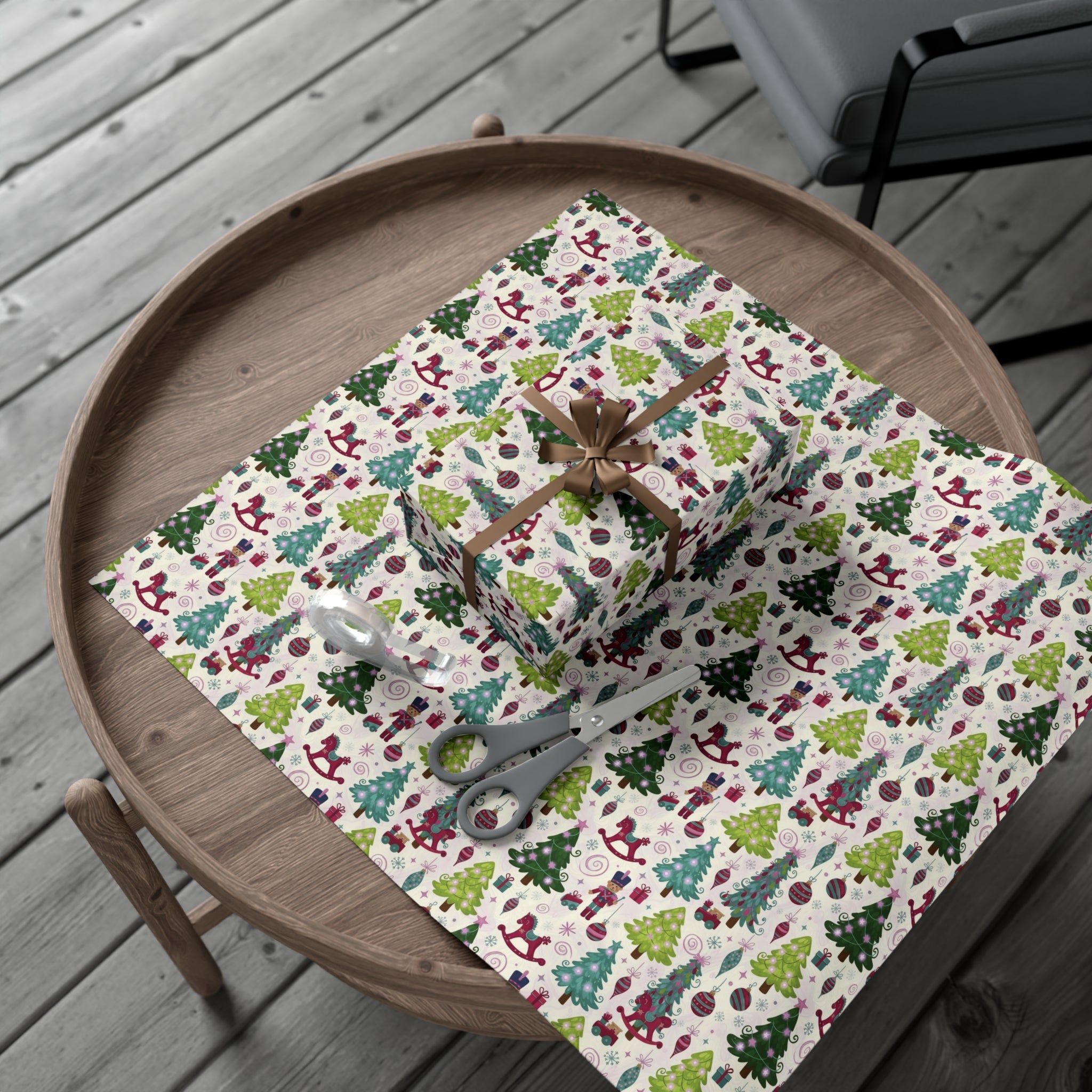 Festive Christmas wrapping paper with toys, trees & holiday icons. Available in 3 sizes—perfect for gifts, parties & seasonal décor.