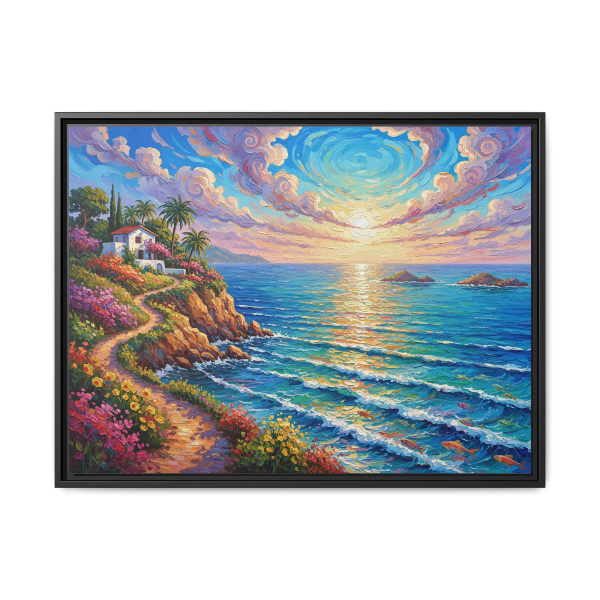 Ocean Floral Print Canvas | Bright Colorful Seascape Wall Art, Framed Matte Office Art Work