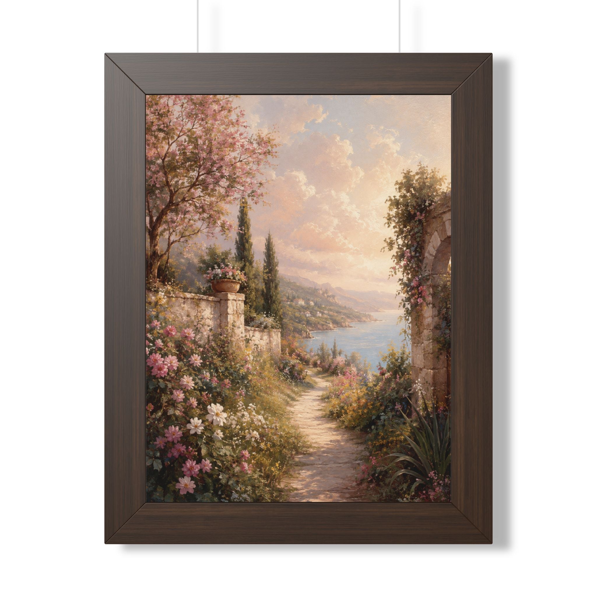 Mediterranean Garden Path Framed Vertical Poster | Coastal Landscape Wall Art