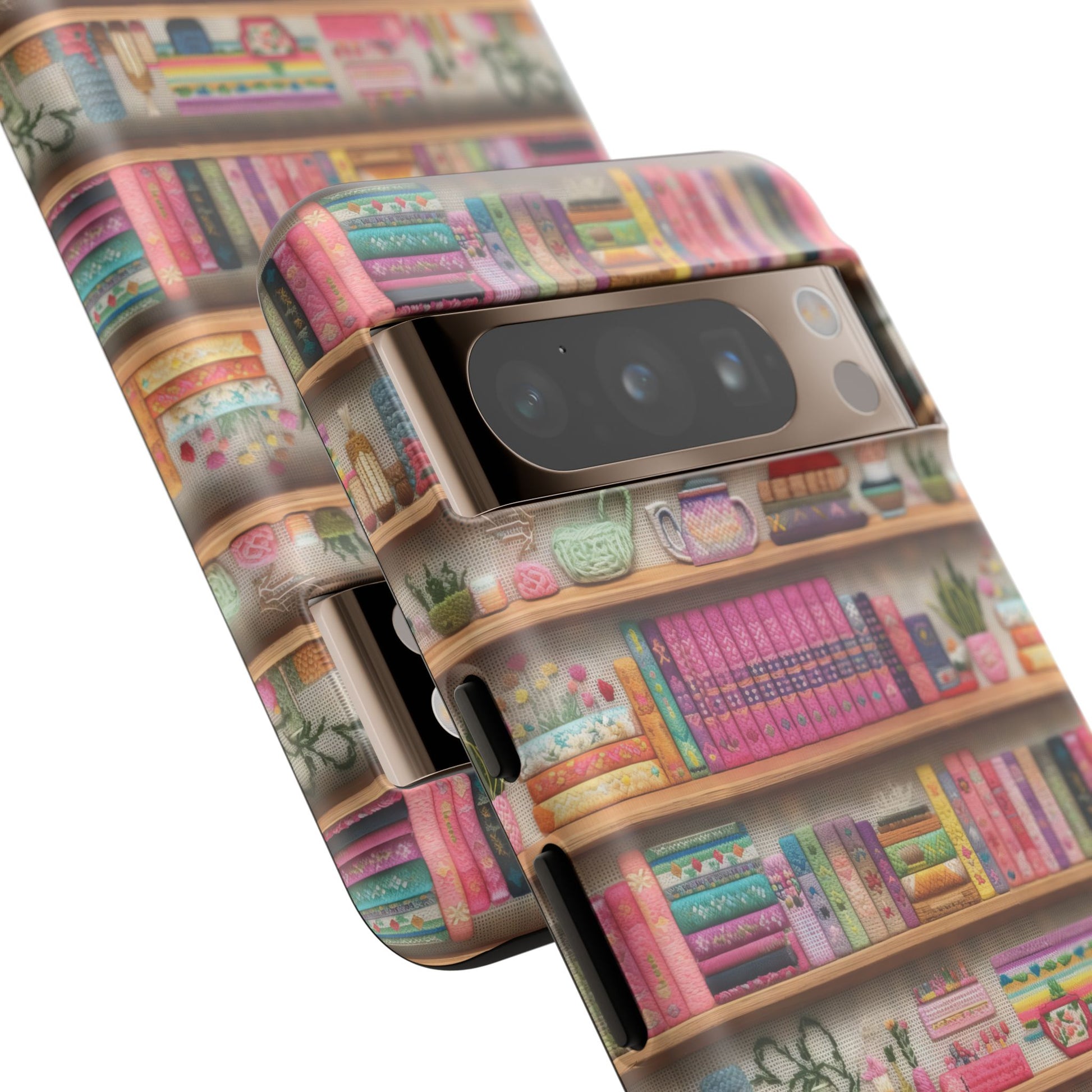 Whimsical 3D Embroidery Illusion Books on Pastel Shelves Phone Case for iPhone, Samsung & Pixel: Unique Accessory for Literary Enthusiasts Gift for Her Perfect for Floral Lover