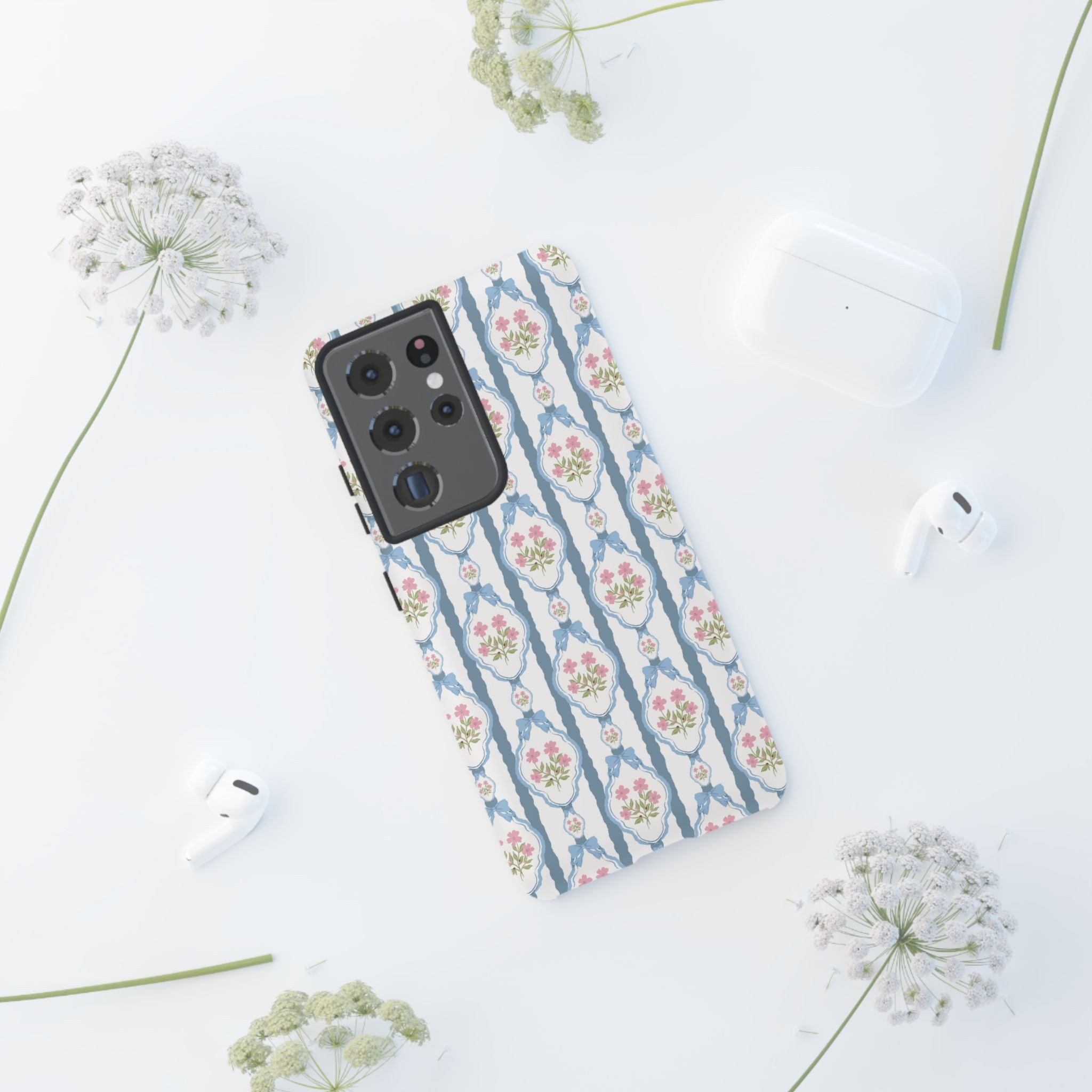 Coque de téléphone Vintage Nœud Bleu et Rose — Motif floral romantique « Tough Cases »
