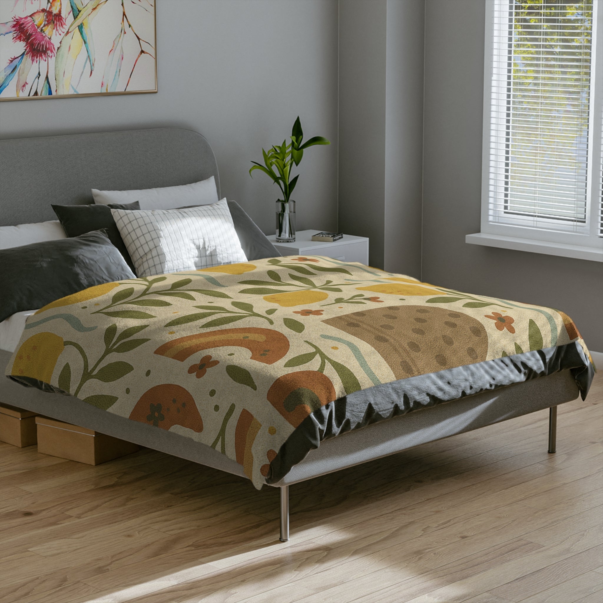 Jeté en tricot douillet motif bosquet de citronniers bohème, avec citrons dessinés à la main, feuilles d'olivier et vagues douces dans des tons terreux, parfait pour la chaleur et le style tout au long de l'année