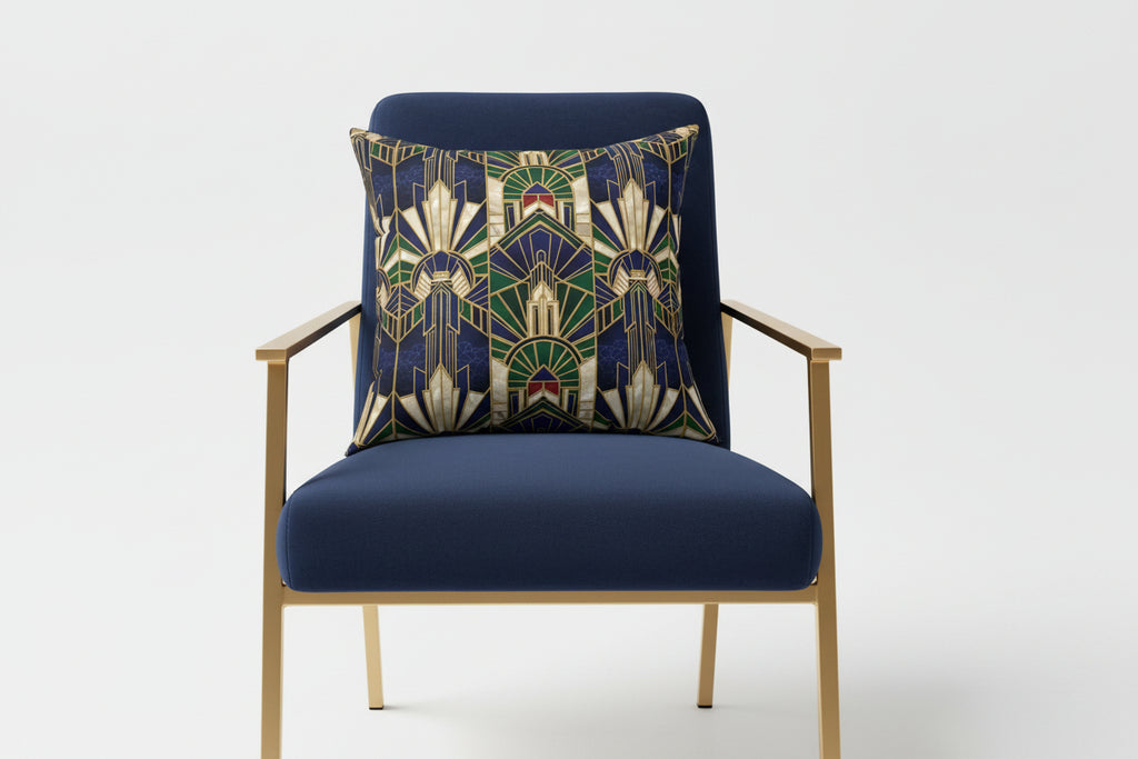 Decorative pillow with geometric art deco pattern on a white background