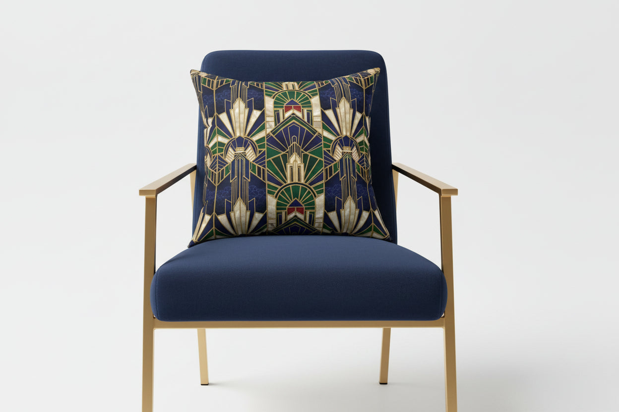 Decorative pillow with geometric art deco pattern on a white background