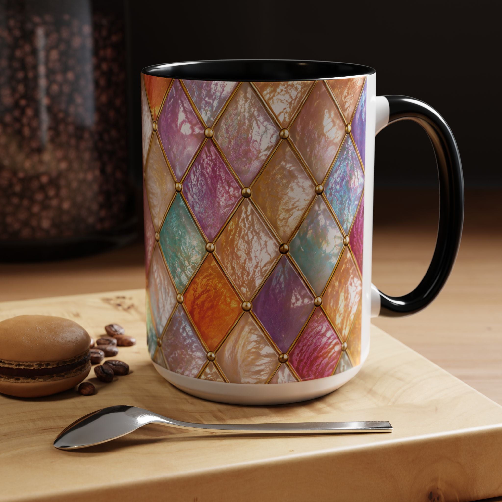 Colorful Jewel-Quilt Accent Coffee Mug — Vibrant Stained-Glass Pattern (11/15oz) Gift for her