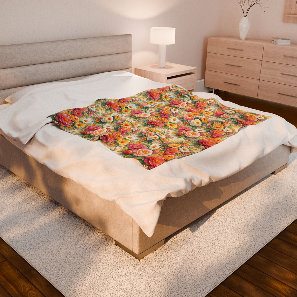 Couverture polaire en velours floral éclatant — Jeté floral esthétique en Minky
