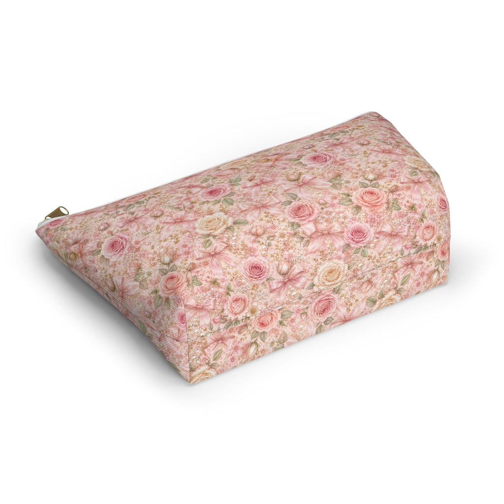 Trousse de Maquillage Nœud en Satin et Rose Poudré, Pochette Cosmétique Fleurie Coquette de Luxe, Organisateur de Voyage Élégant