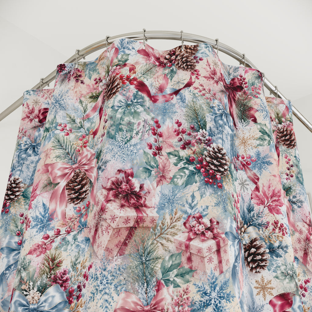 Winter Pinecone Pattern Shower Curtain | Holiday Snowflake Bathroom Decor Icy blues and Pinks