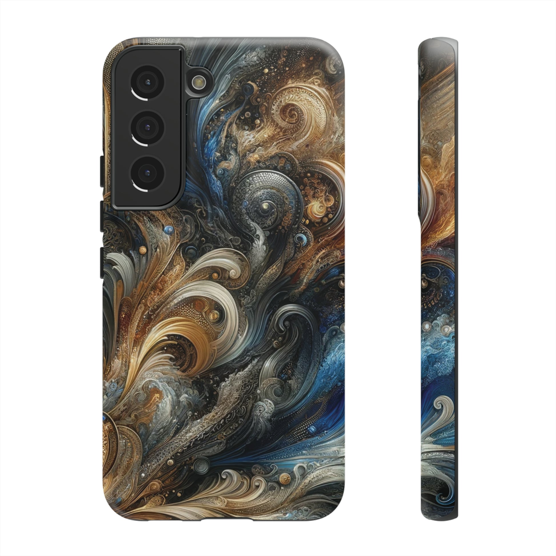 Gold and Navy Art Design Luxury Phone Tough Case Floral Elegant Durable Stylish for Modern Devices iPhone 15, Samsung iPhone Samsung Accessory Gift for Her.