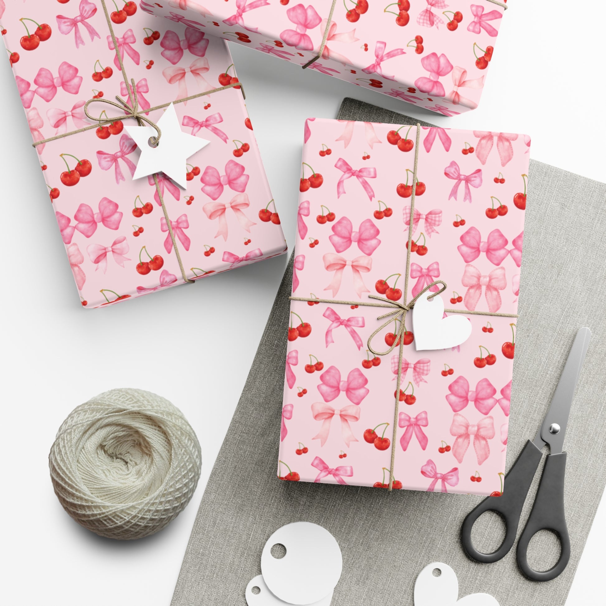 Pink Chic Coquette Wrapping Paper Pink Bows Cherries Elegance Perfect for Gifts Weddings, Bridal Baby Showers All Occasion.
