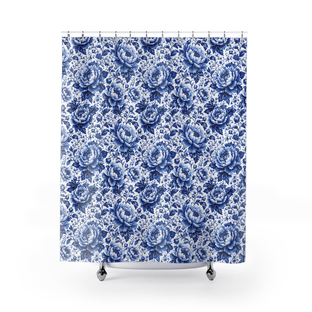 Blue & White Chinoiserie Peony Floral Shower Curtain | Luxury Botanical Bathroom Decor