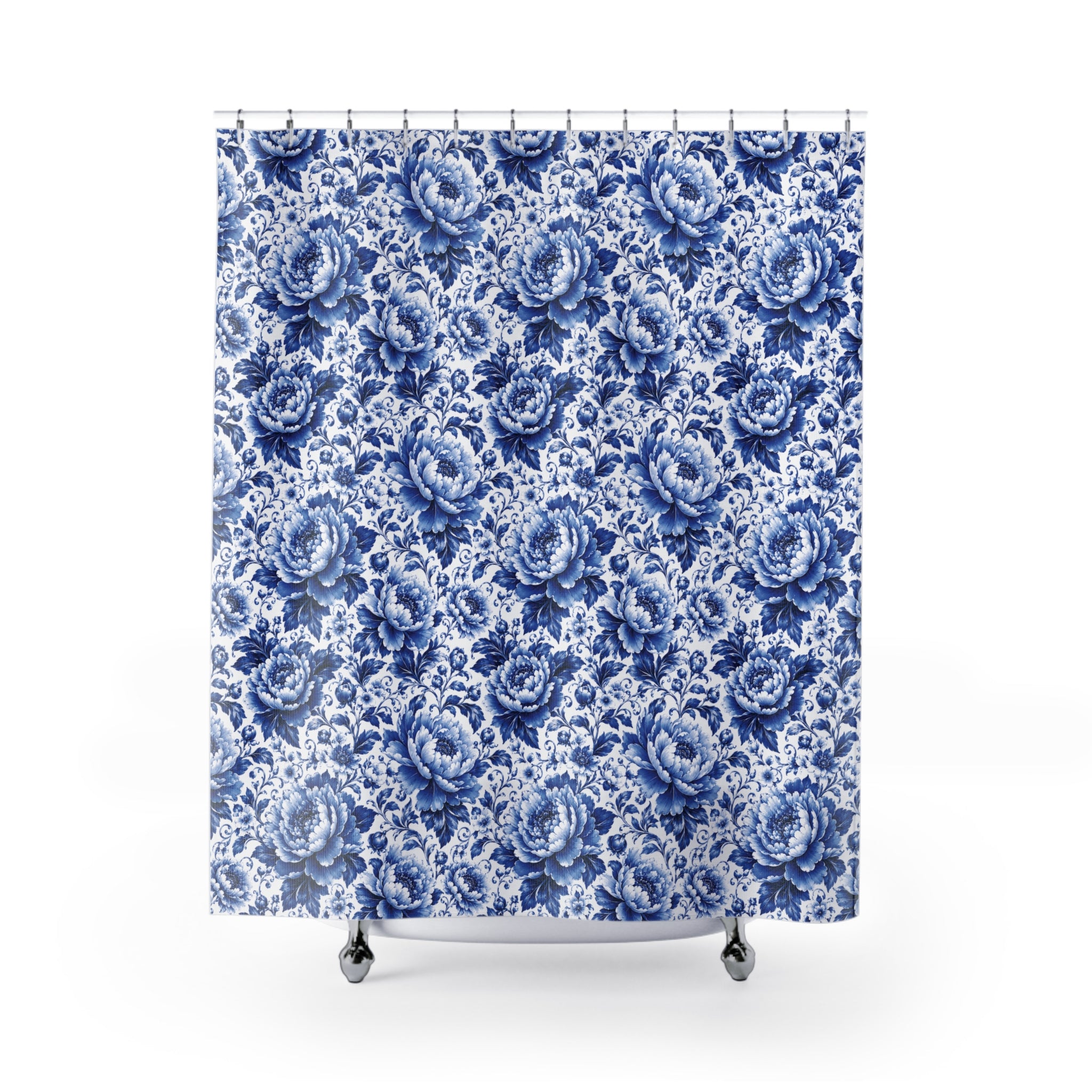 Blue & White Chinoiserie Peony Floral Shower Curtain | Luxury Botanical Bathroom Decor