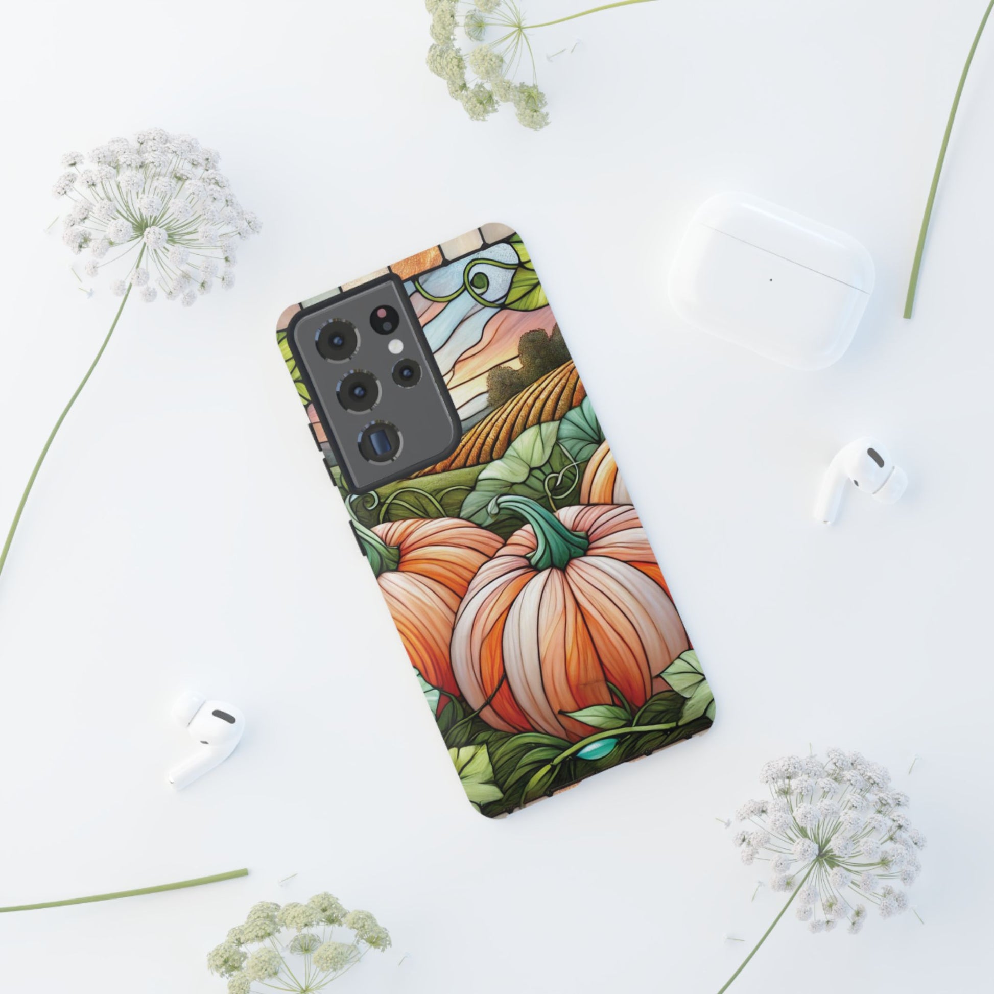 Pumpkins Phone Case Fall Faux Stained-Glass Thanksgiving Cover Pumpkin Lovers Gift for Galaxy S 24 23 22 21 Pixel 5 6 7 8 iPhone 17 , 16 15 14 13 12 Samsung iPhone Samsung Gift for Her