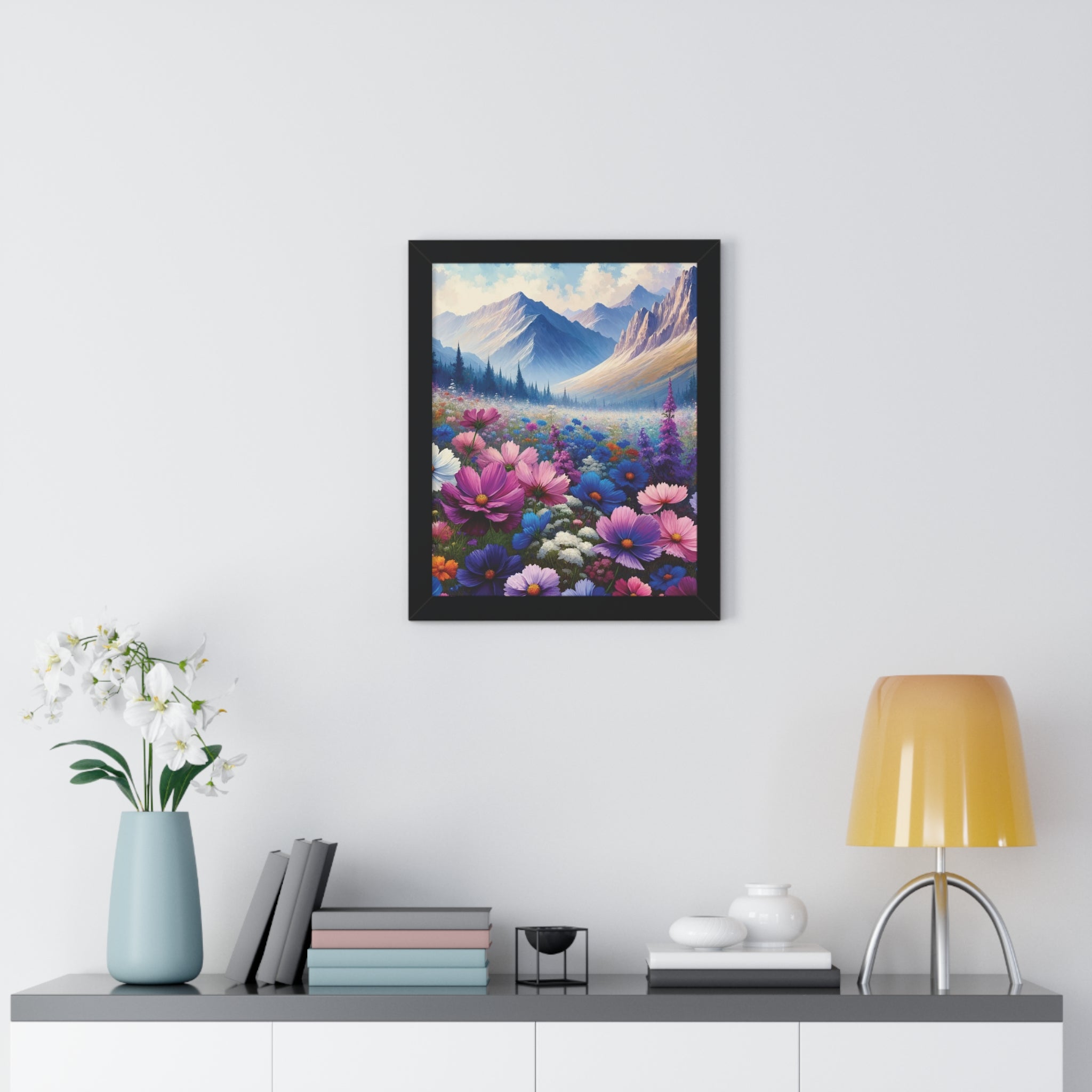 Wall Art Beautiful Wildflowers and Mountains Wildflower Art Watercolor Floral Framed Canvas Print Wall Art  Classic Encased in Black, White, or Walnut Frames with Durable Acrylic Protection Ready to Hang  Timelessly Crafted..