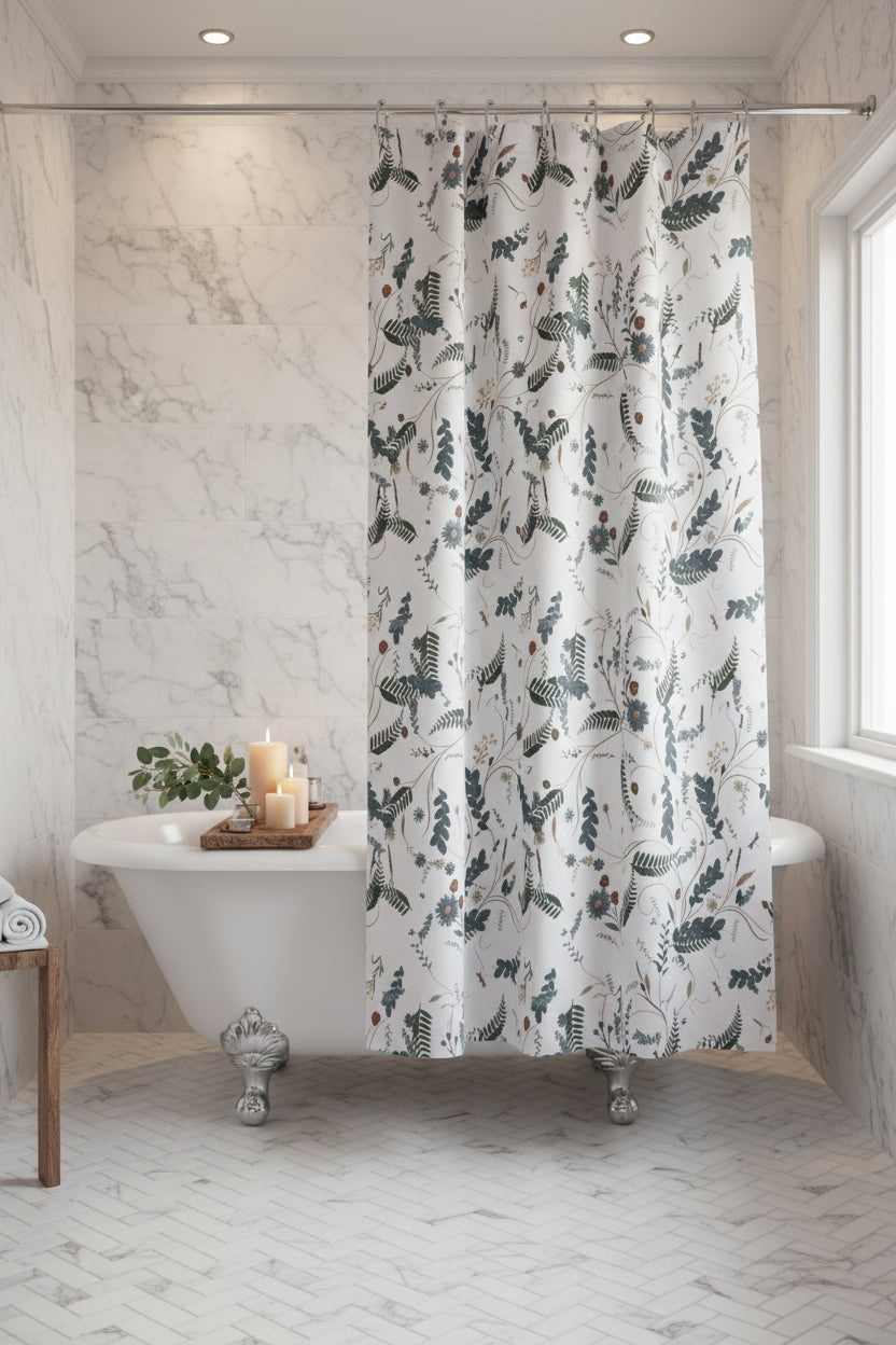 Shower curtain with floral pattern on a white background