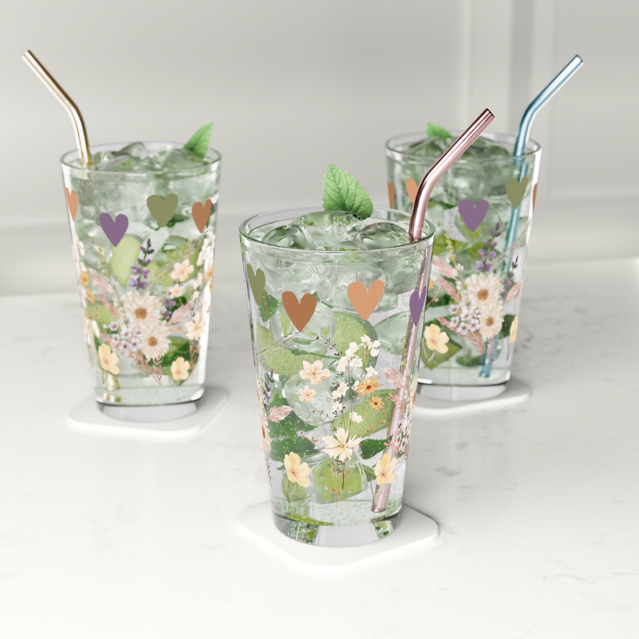 Boho Wildflowers & Hearts 16oz Pint Glass – Floral Aesthetic Glassware for Water, Juice & More | Stylish & Unique Gift for Nature & Boho Lovers