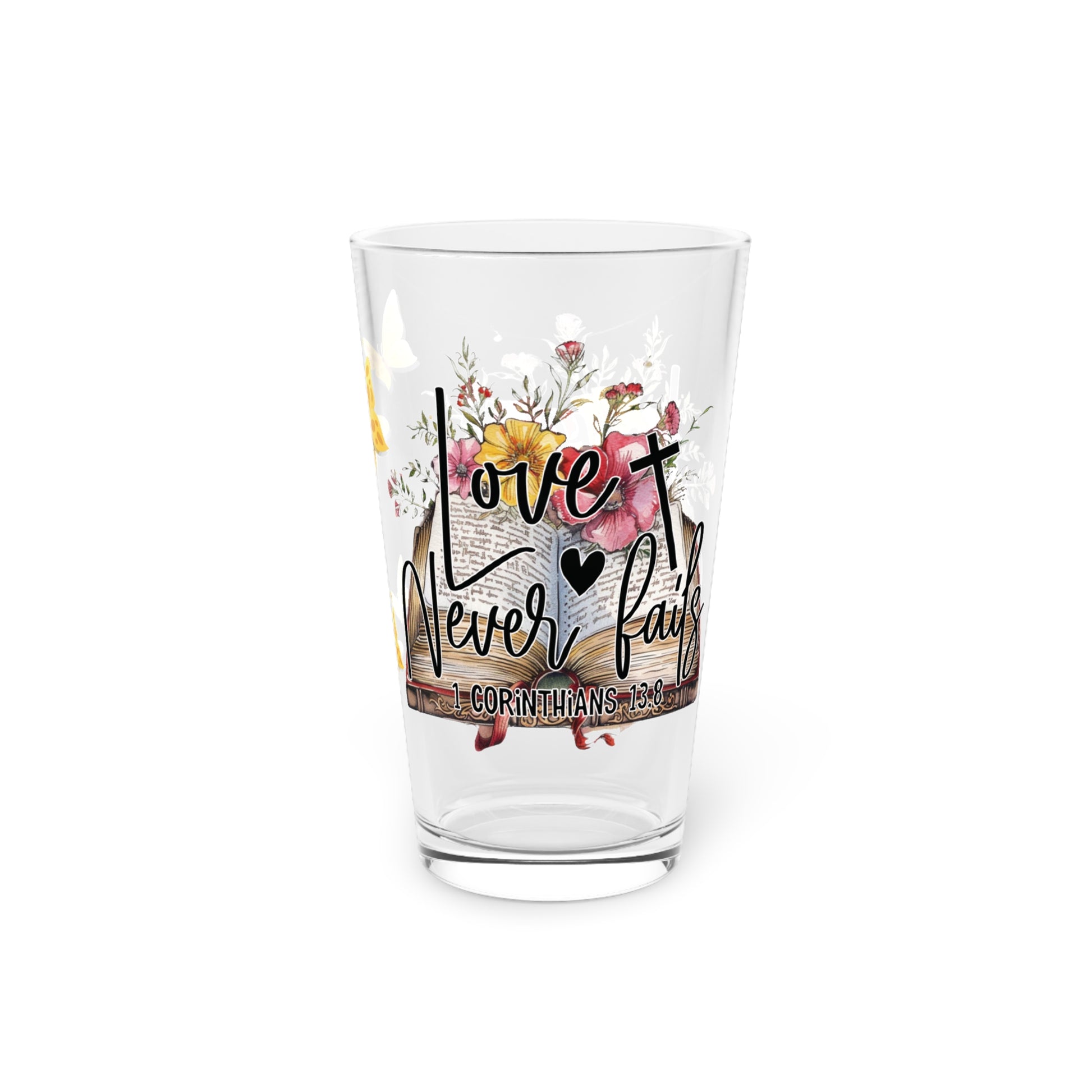 Love Never Fails 16oz Pint Glass – Christian Glassware for Faith & Inspiration | Perfect for Water, Juice & More – Unique Religious Gift Idea