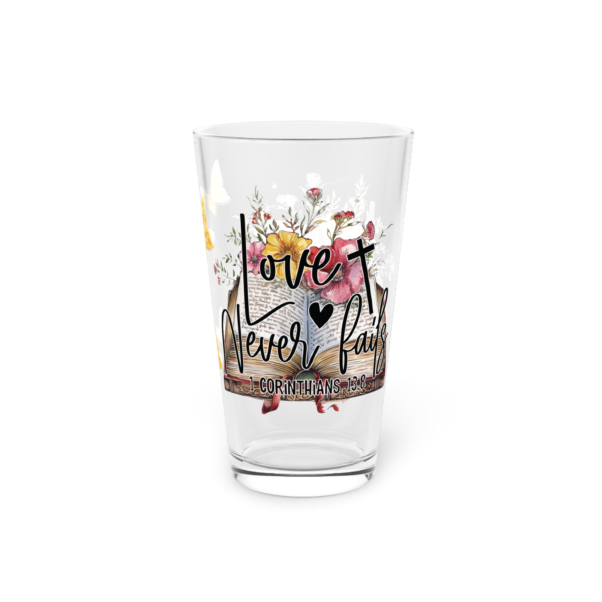 Love Never Fails 16oz Pint Glass – Christian Glassware for Faith & Inspiration | Perfect for Water, Juice & More – Unique Religious Gift Idea