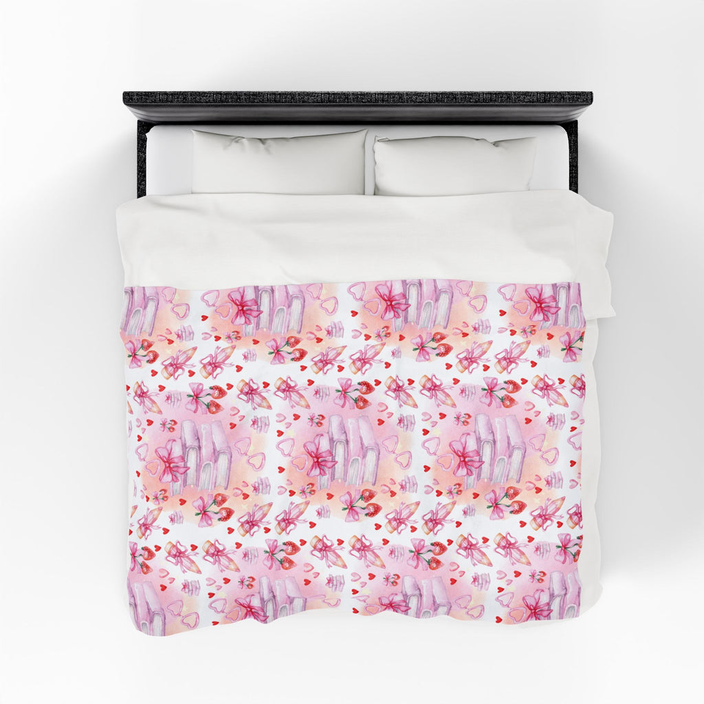 Romantic Pink Watercolor Books Bows Velveteen Plush Blanket Cozy Book Nook