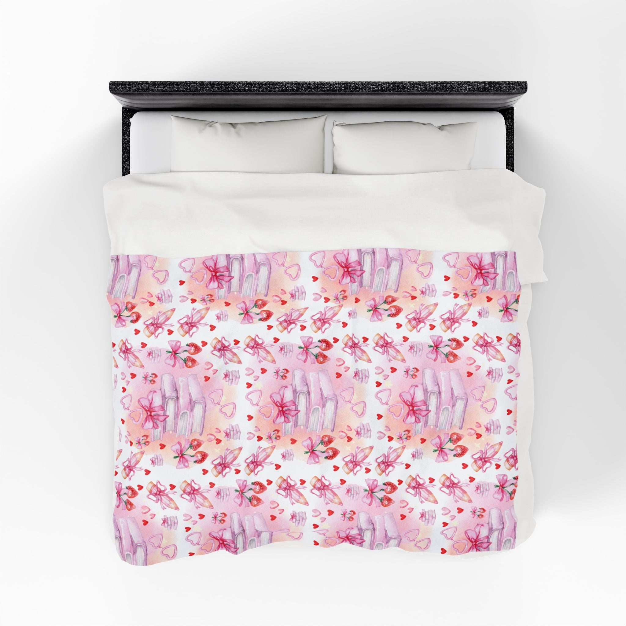 Romantic Pink Watercolor Books Bows Velveteen Plush Blanket Cozy Book Nook