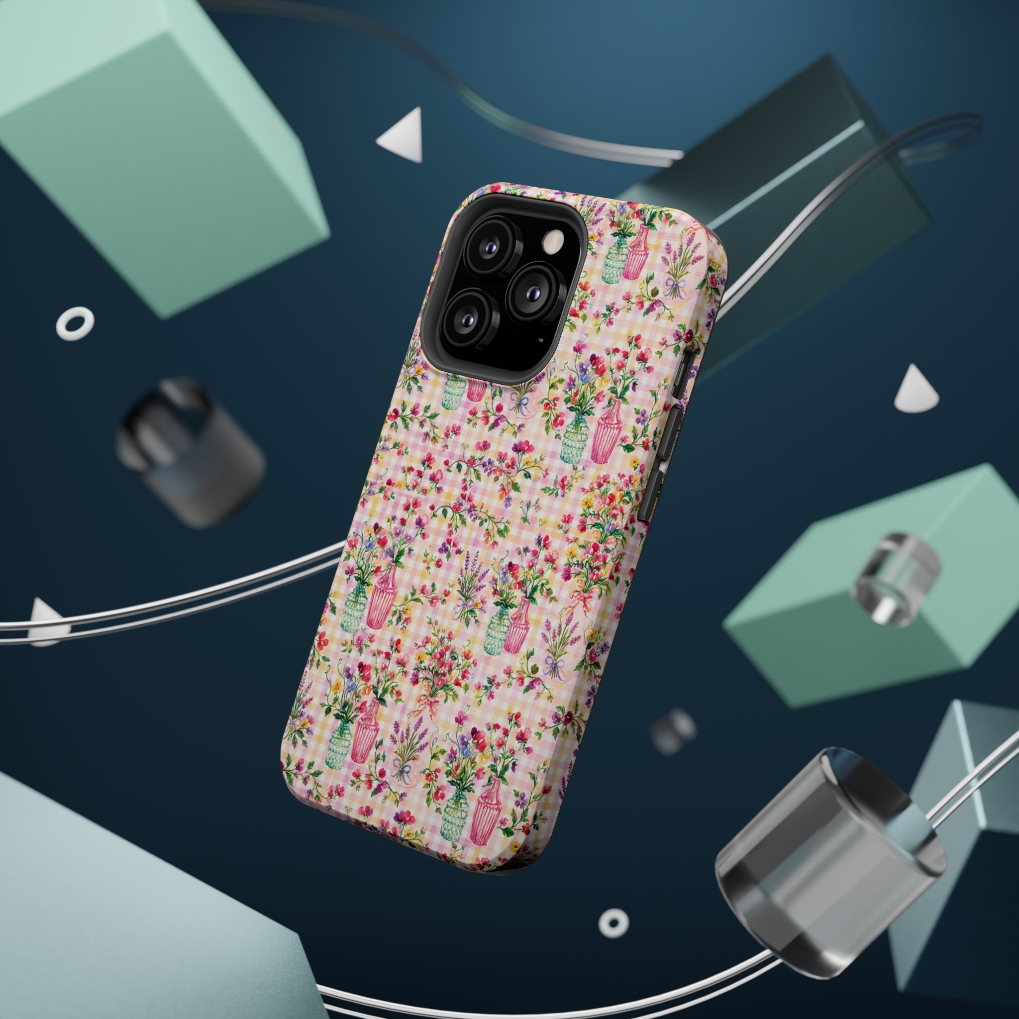 Turquoise & Pink Floral Checker Phone Case — Magnetic Impact-Resistant