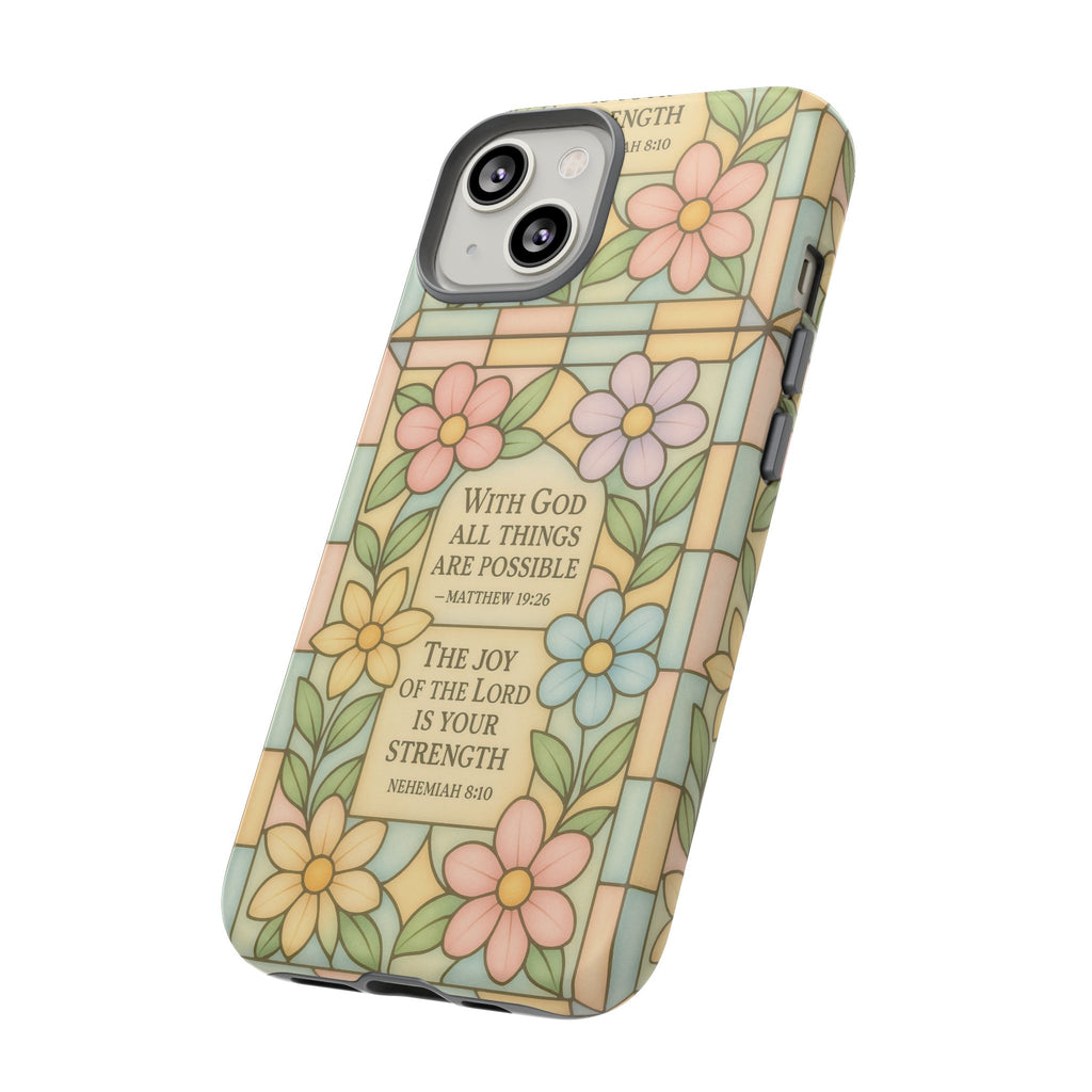 Pastel Stained Glass Bible Verse Phone Case Christian Affirmation Cover, Soft Geometric Design, iPhone Samsung Google, Faith Gift for Her Bible Verse or Affirmation | Protective, Inspirational Gift for Christians