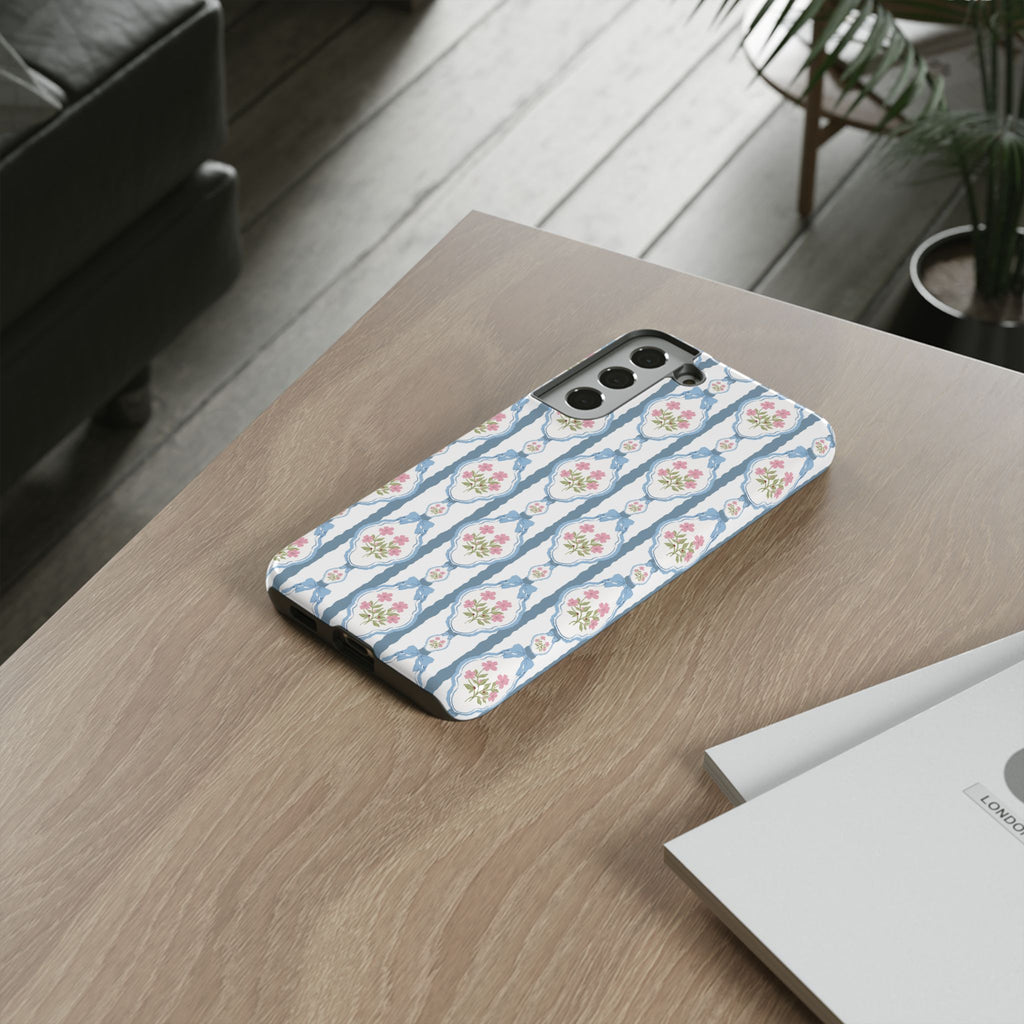 Coque de téléphone Vintage Nœud Bleu et Rose — Motif floral romantique « Tough Cases »
