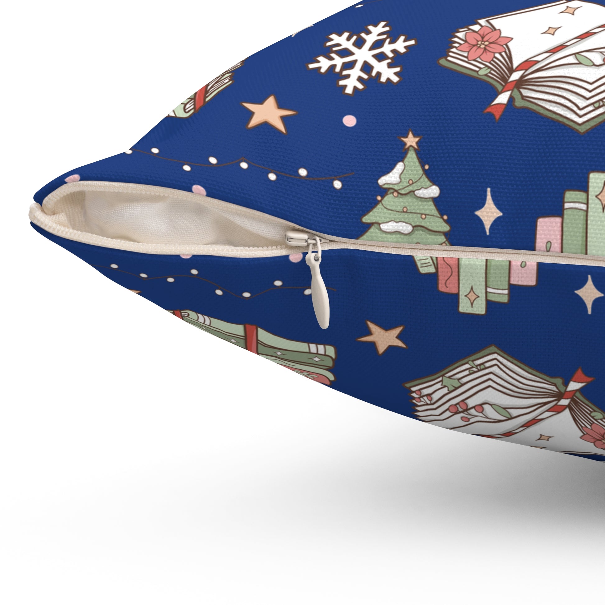 Square Pillow Royal Blue Christmas Books and Coffee Cozy