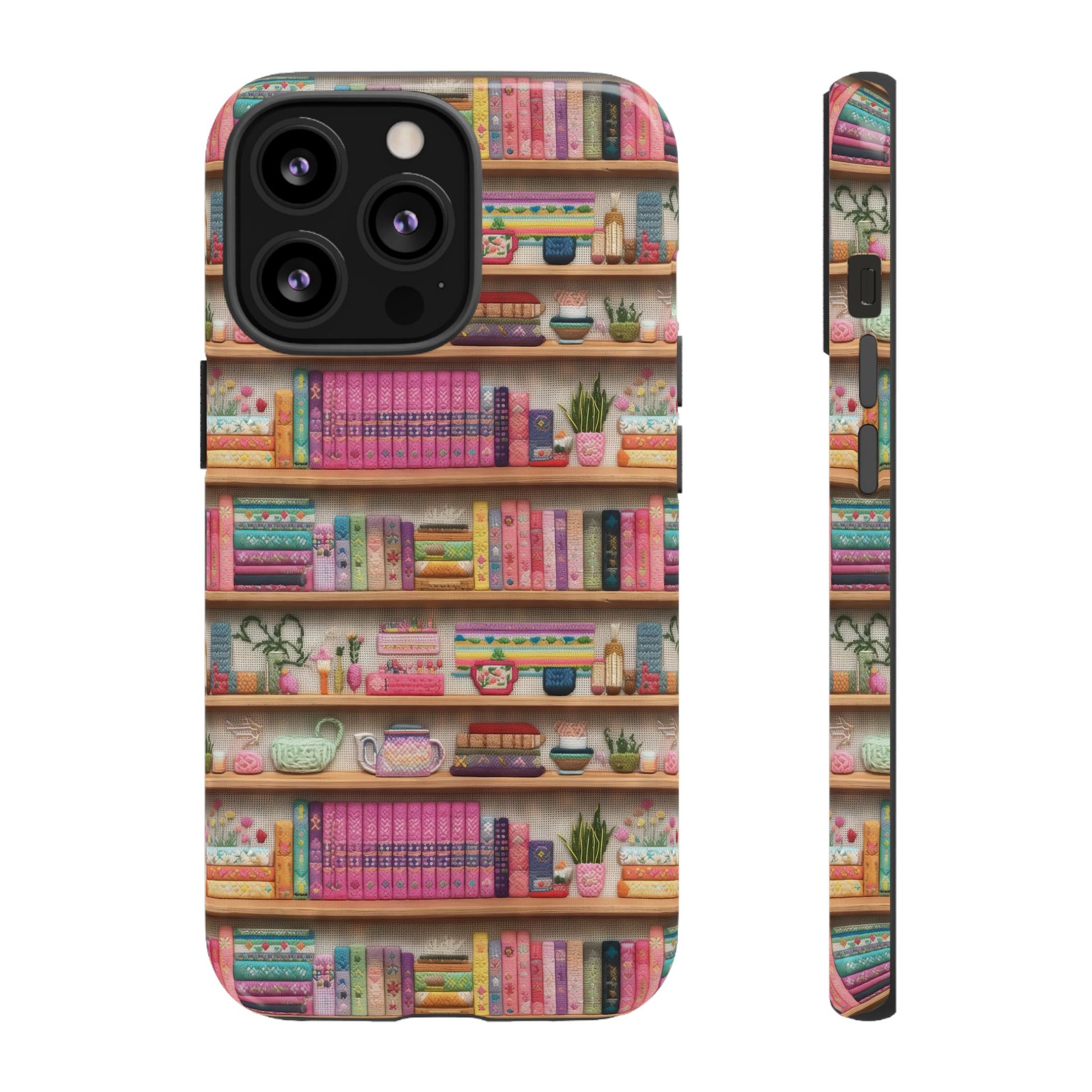 Whimsical 3D Embroidery Illusion Books on Pastel Shelves Phone Case for iPhone, Samsung & Pixel: Unique Accessory for Literary Enthusiasts Gift for Her Perfect for Floral Lover