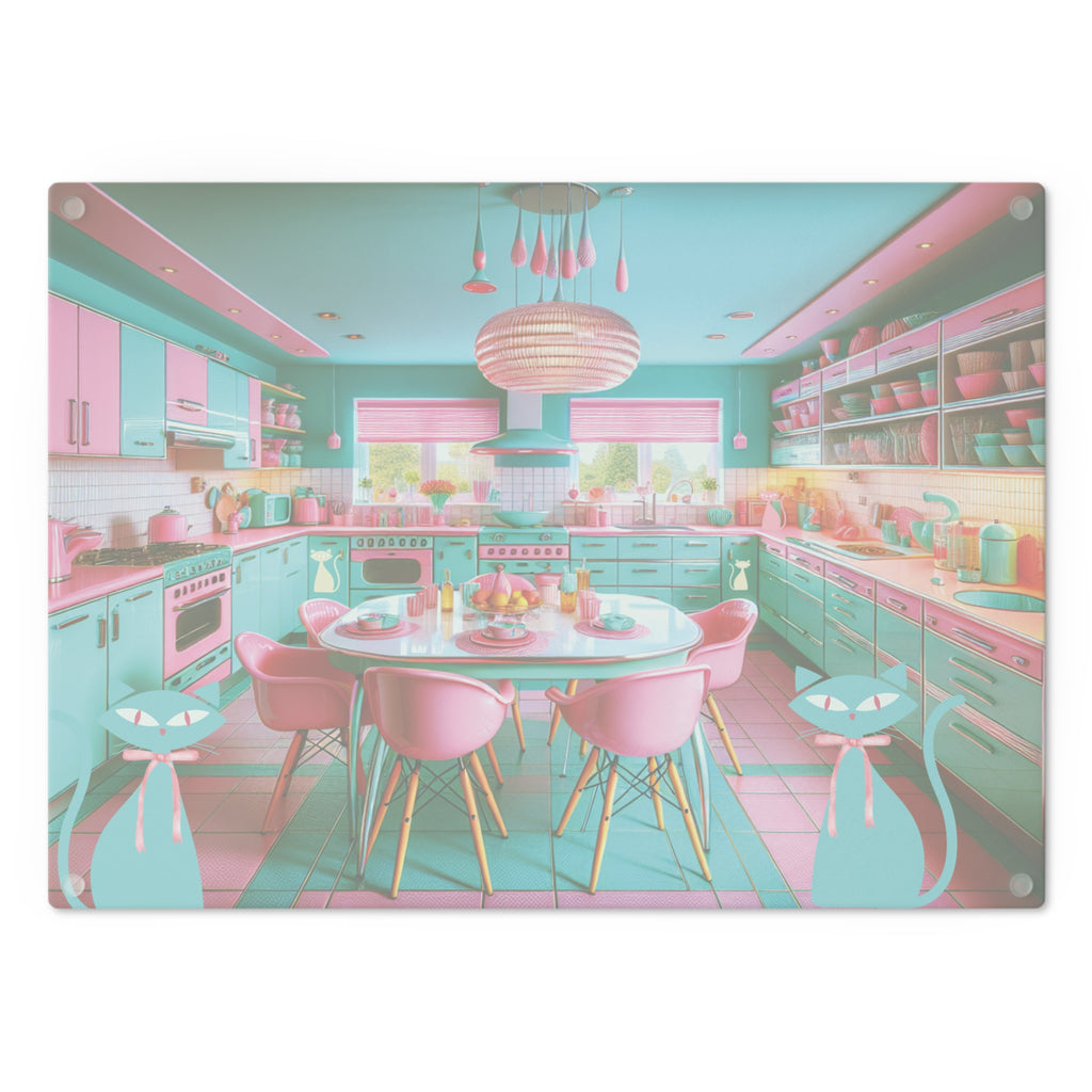 Cutting Board - Atomic Kitty Cat Mid Century Modern Aqua Pink MCM Design - MRSBYVALLE
