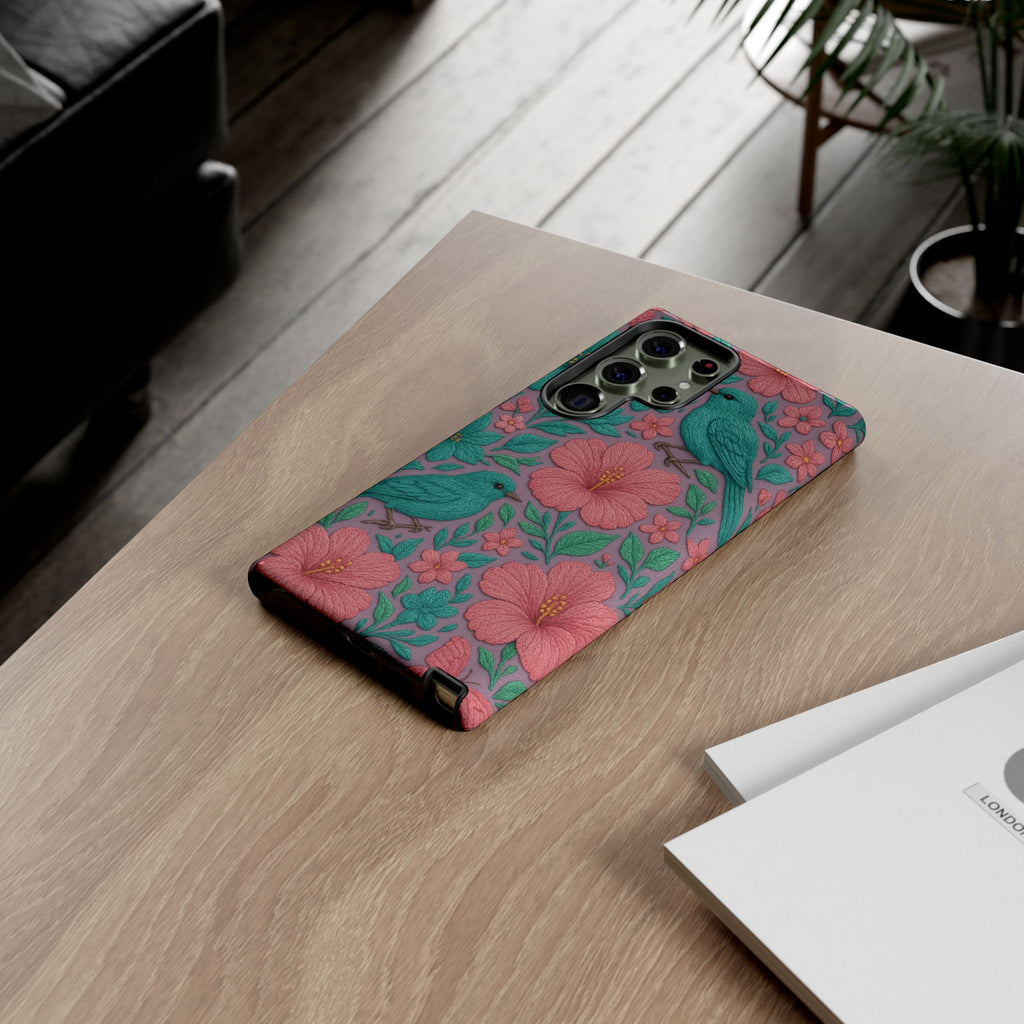Turquoise, Pink and Lavender 3D Embroidery Illusion Phone Case Tropical Flowers, Birds & Butterflies Cover with Bold, Realistic Floral Texture iPhone, Samsung
