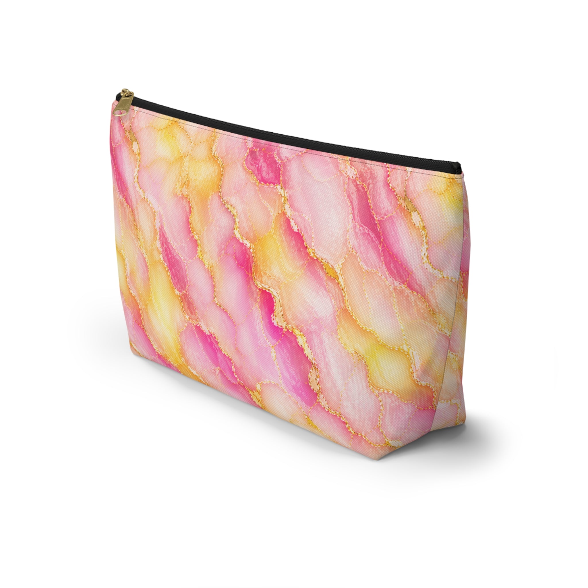 Pink & Gold Watercolor Marble Makeup Pouch — T‑Bottom Accessory Bag