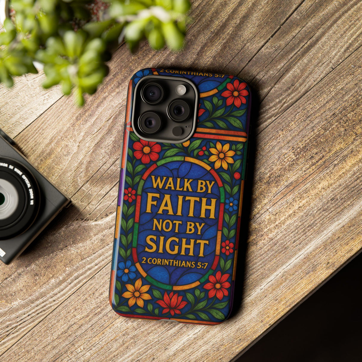 Walk by Faith Stain Glass Illusion Everywhere Christian Tough Phone Case with Bible Verse or Affirmation  Protective, Inspirational Gift for Christians