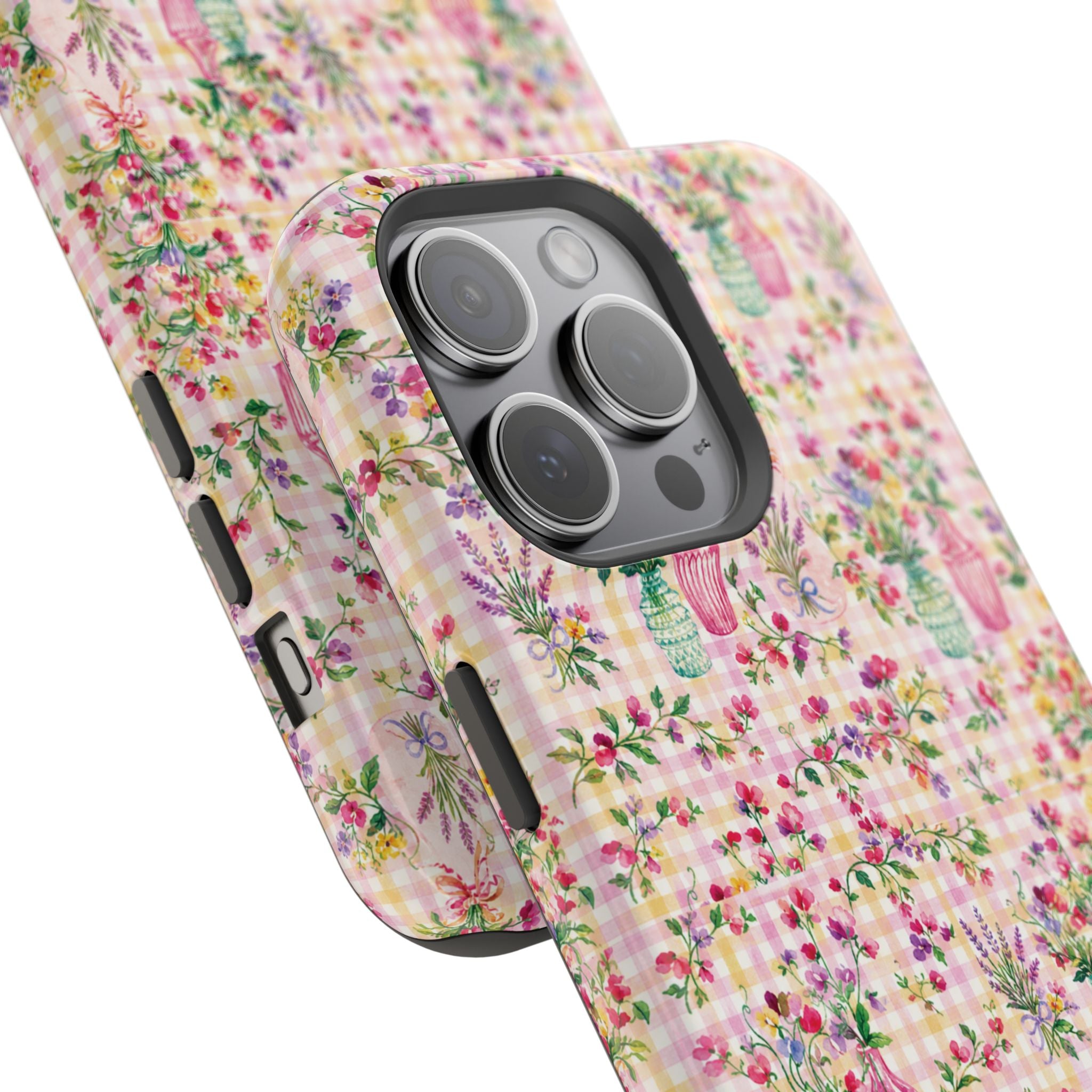 Turquoise & Pink Floral Checker Phone Case — Magnetic Impact-Resistant