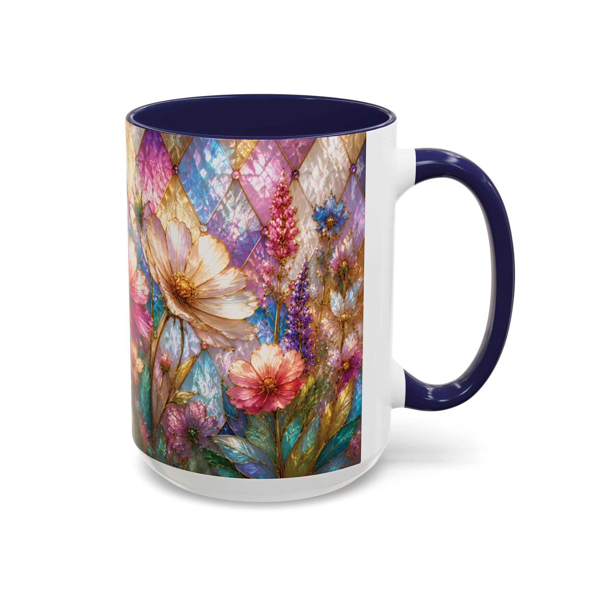 Floral Mosaic Accent Coffee Mug — Colorful Garden Flowers 11/15oz Stain Glass Illusion