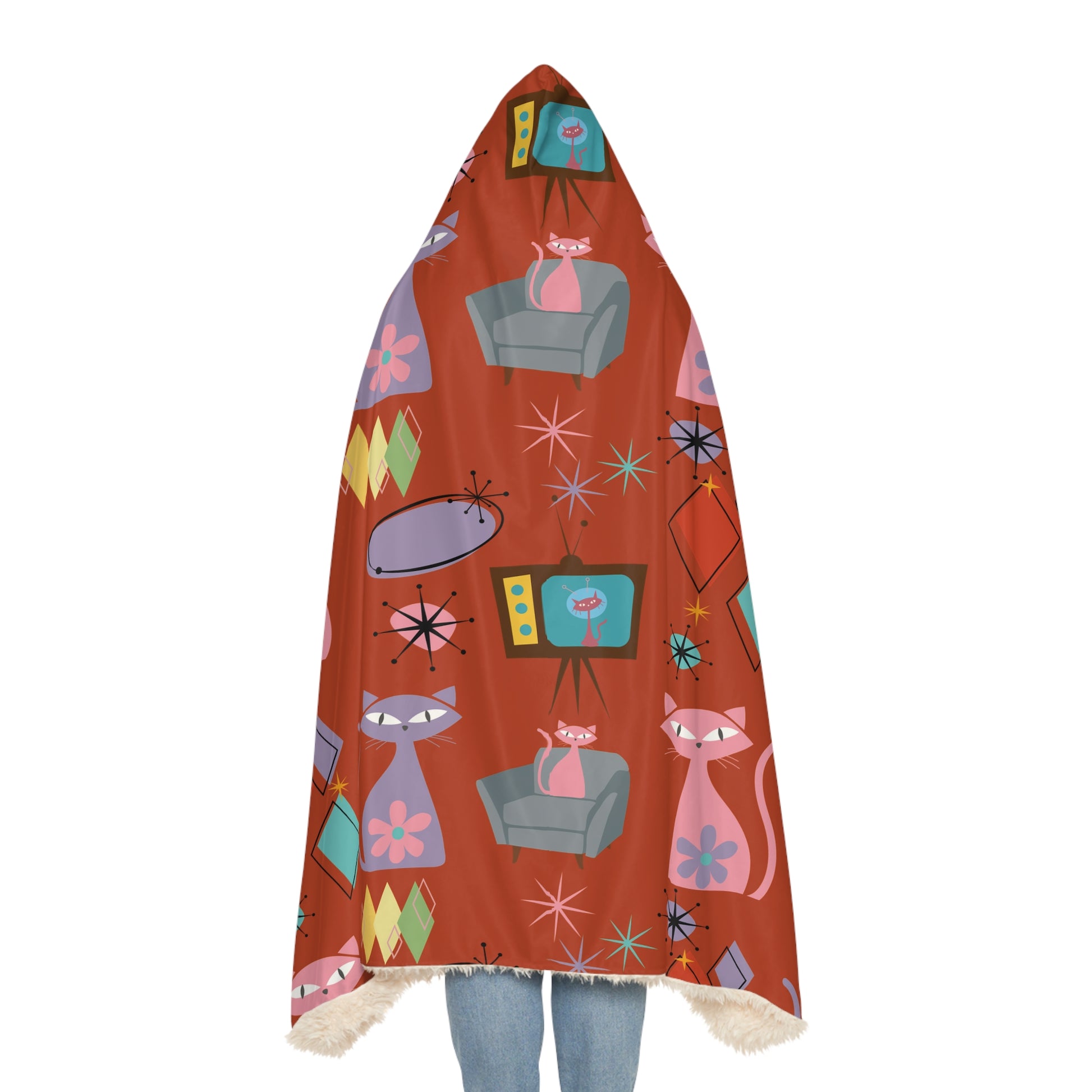 Retro Atomic Kitty Cat Hooded Blanket – Mid-Century Modern 50s Throw, Cozy Sherpa Snuggle Gift, Fun Vintage-Inspired Home Comfort Housewarming