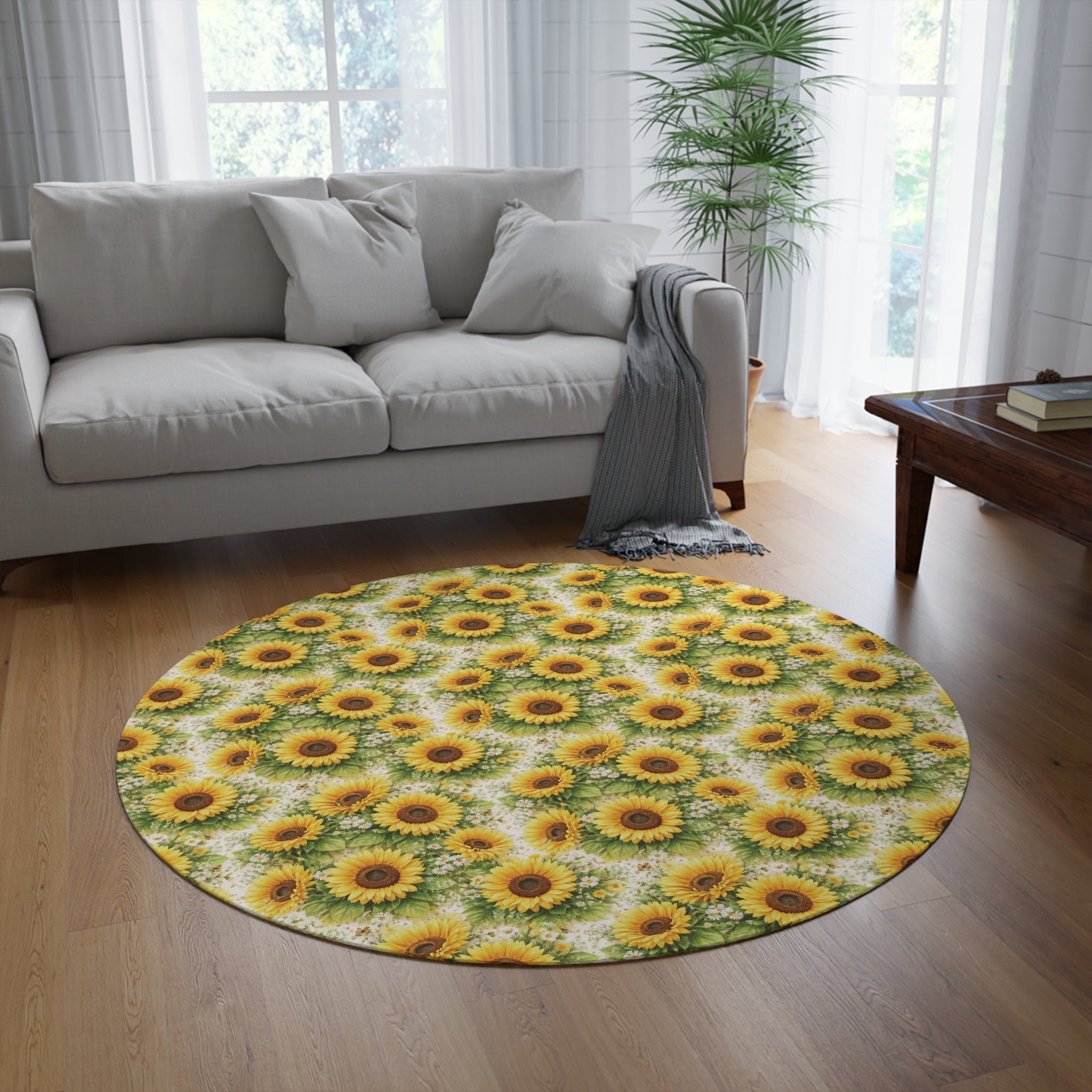 Sunflower Round Rug — Bright Floral Accent Office, Bedroom Rug