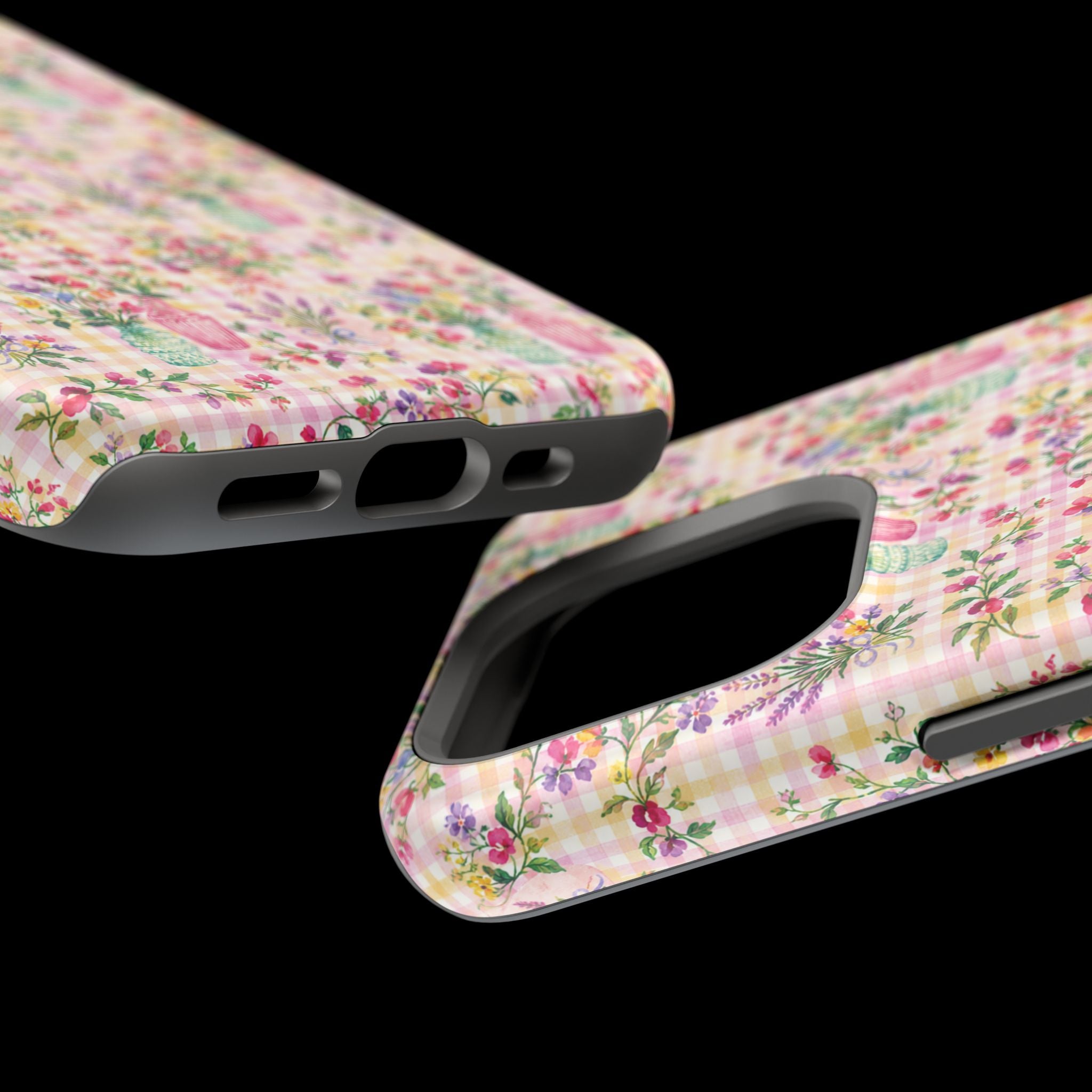 Turquoise & Pink Floral Checker Phone Case — Magnetic Impact-Resistant