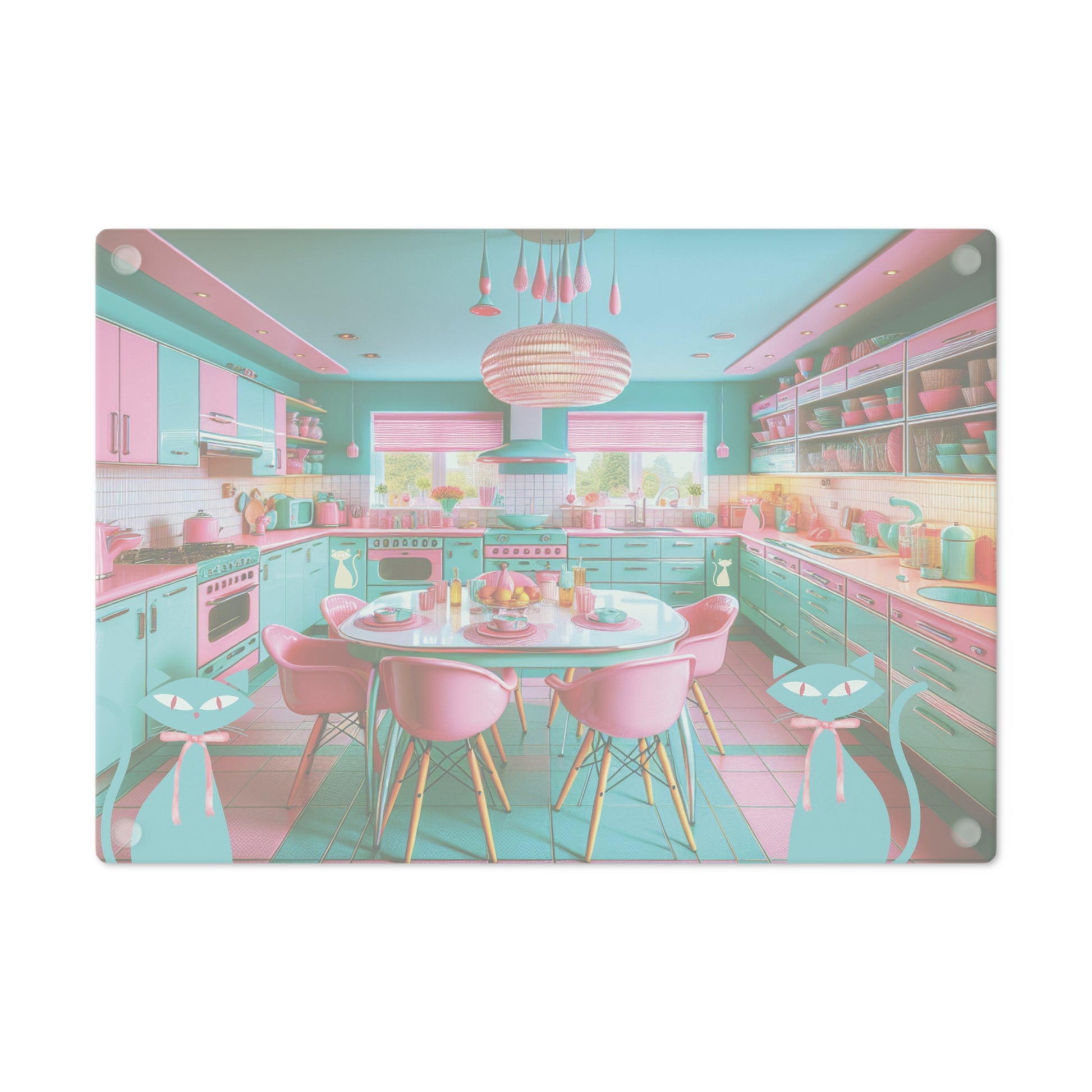 Cutting Board - Atomic Kitty Cat Mid Century Modern Aqua Pink MCM Design - MRSBYVALLE