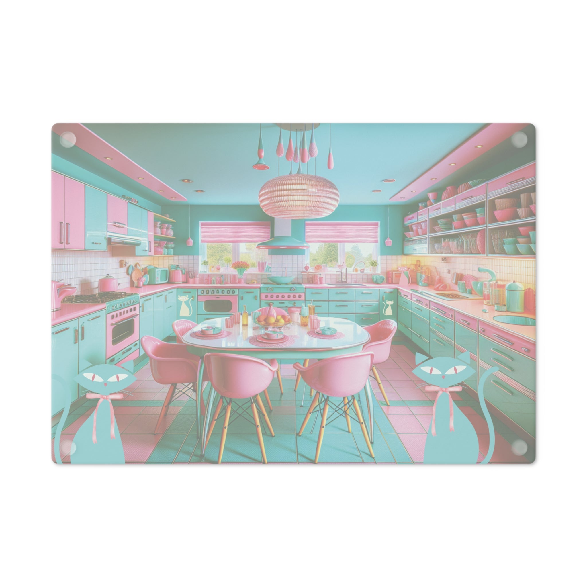 Cutting Board - Atomic Kitty Cat Mid Century Modern Aqua Pink MCM Design - MRSBYVALLE