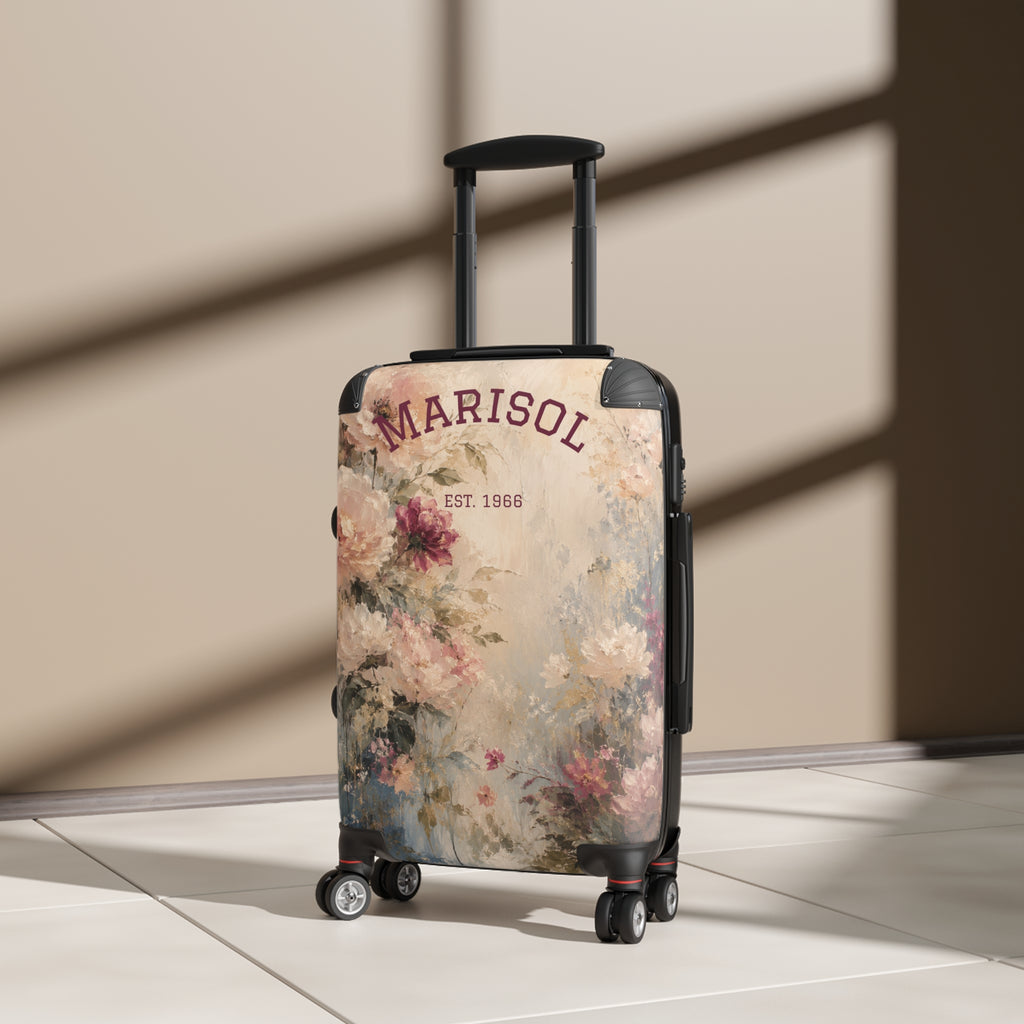 Personalized Floral Suitcase Cover — "Custom Name" Vintage Roses Travel Luggage
