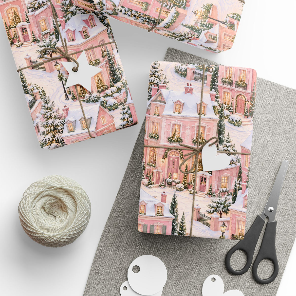 Wrapping Paper — Pink Snowy Village Holiday Gift Wrap (Festive Cottage Pattern)