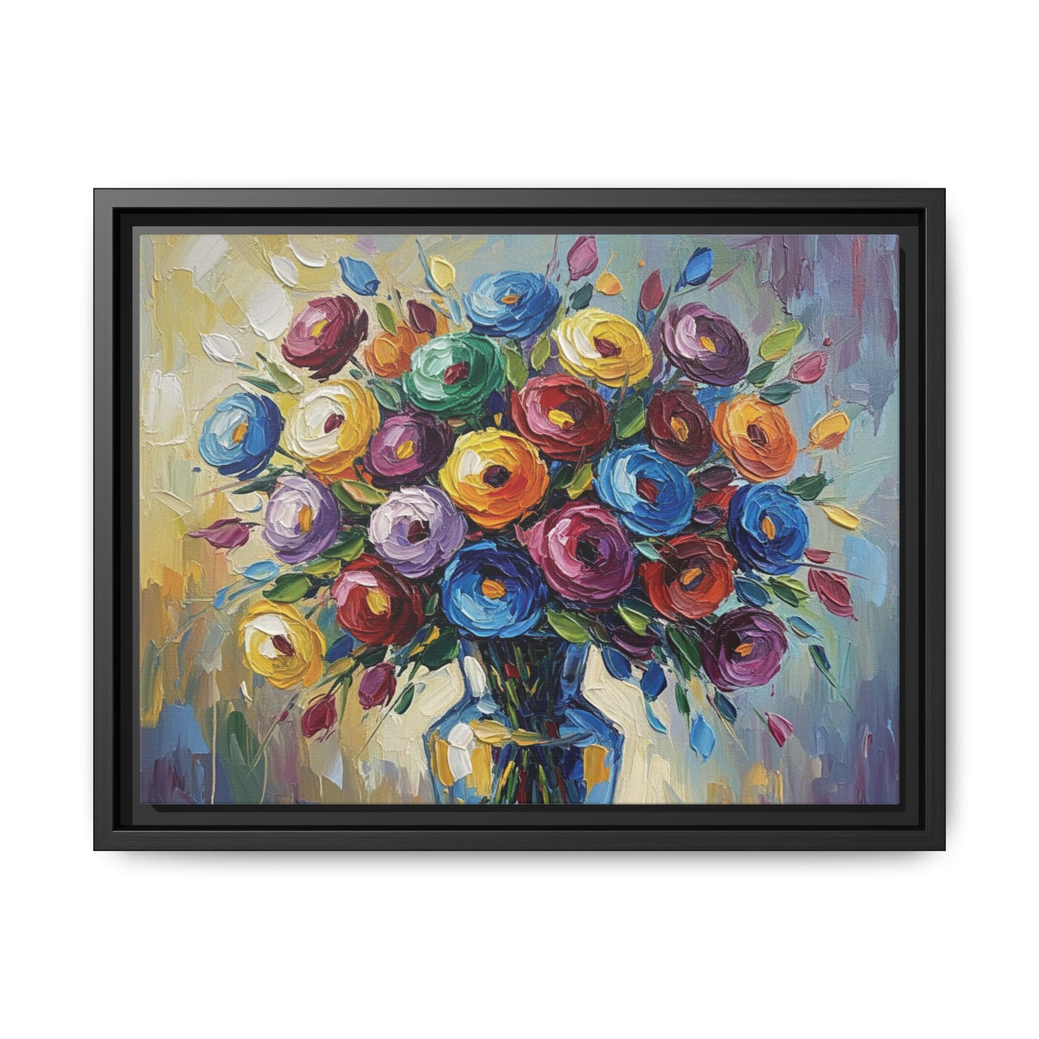 Impression sur toile bouquet floral aquarelle - Tableau mural encadré mat - Illusion de peinture à l'huile vibrante