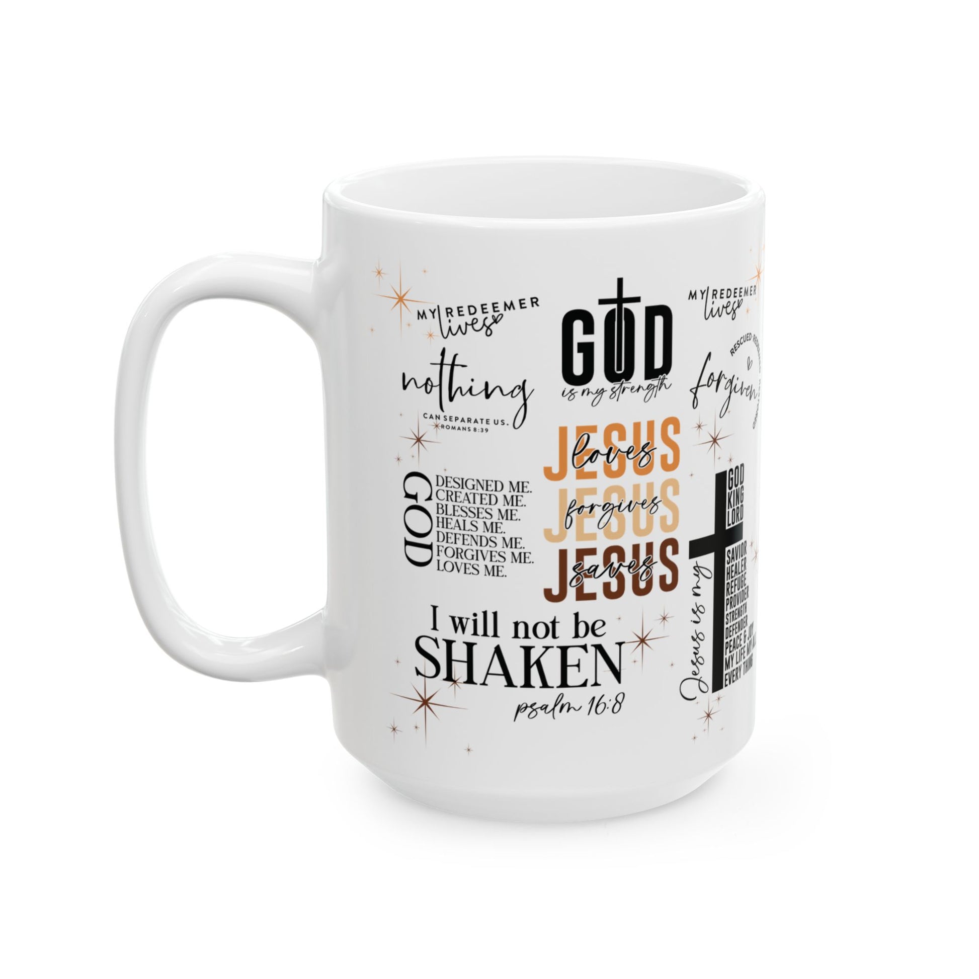 White mug with religious text and designs on a white background