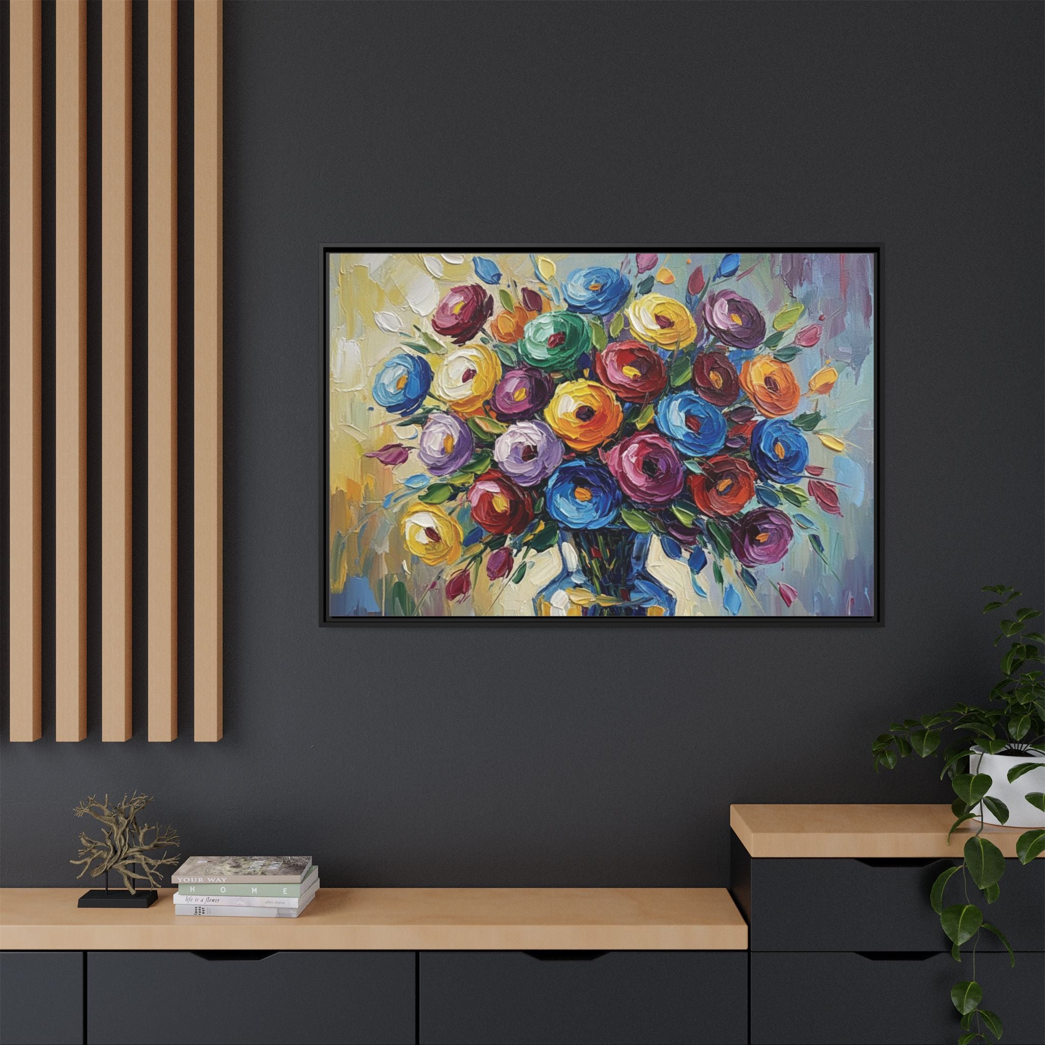 Impression sur toile bouquet floral aquarelle - Tableau mural encadré mat - Illusion de peinture à l'huile vibrante