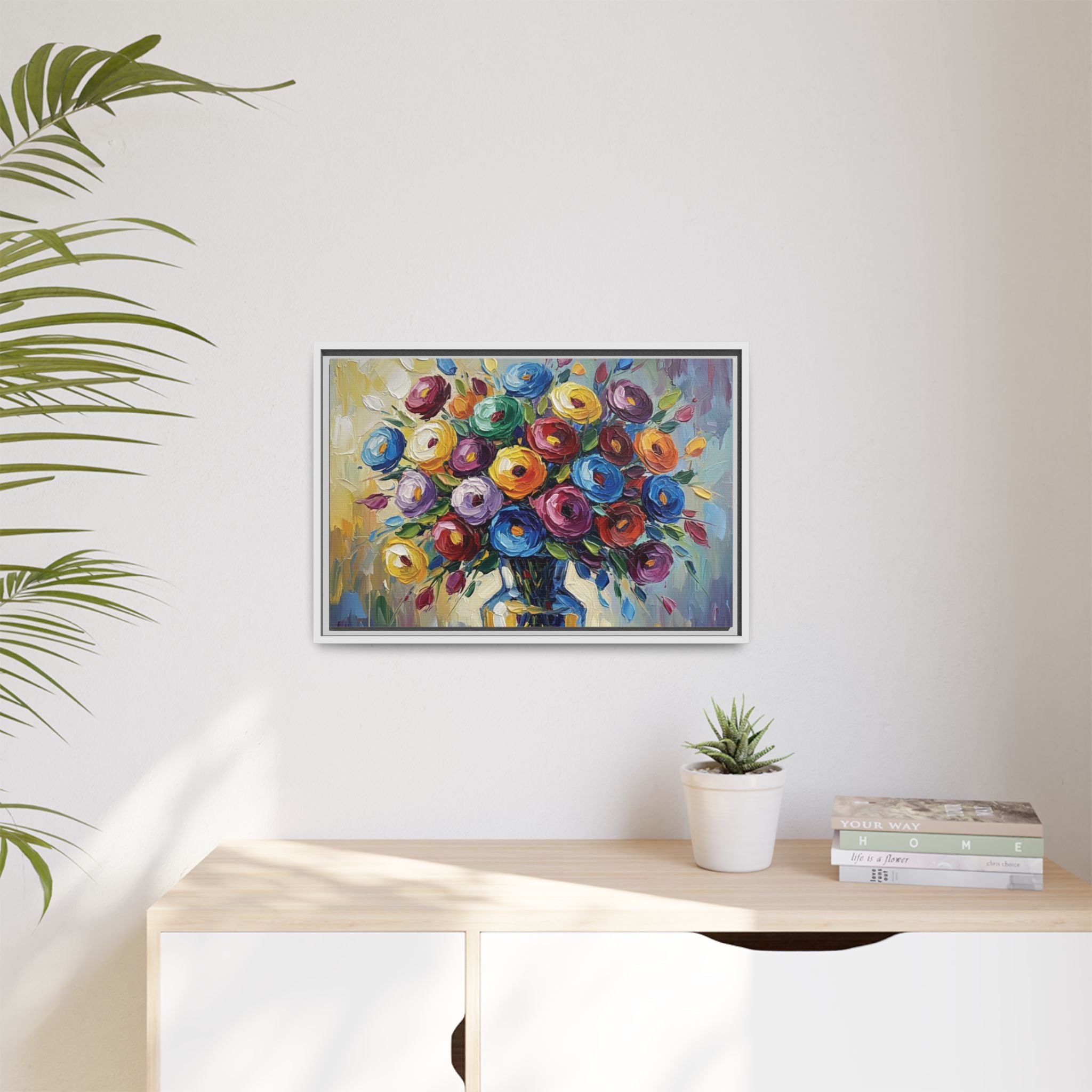 Impression sur toile bouquet floral aquarelle - Tableau mural encadré mat - Illusion de peinture à l'huile vibrante