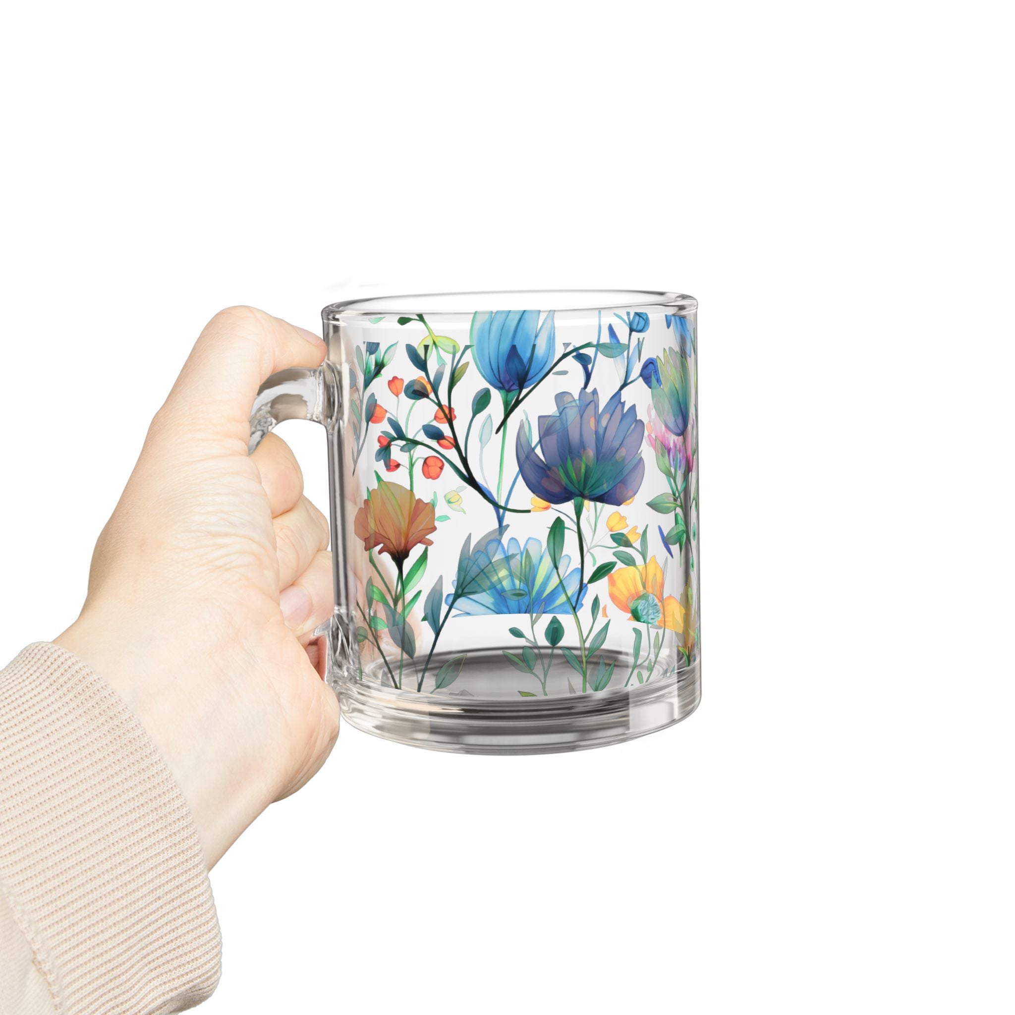 Watercolor Wildflowers Glass Mug | 10oz Floral Coffee Cup Gift for Birthday, Mom