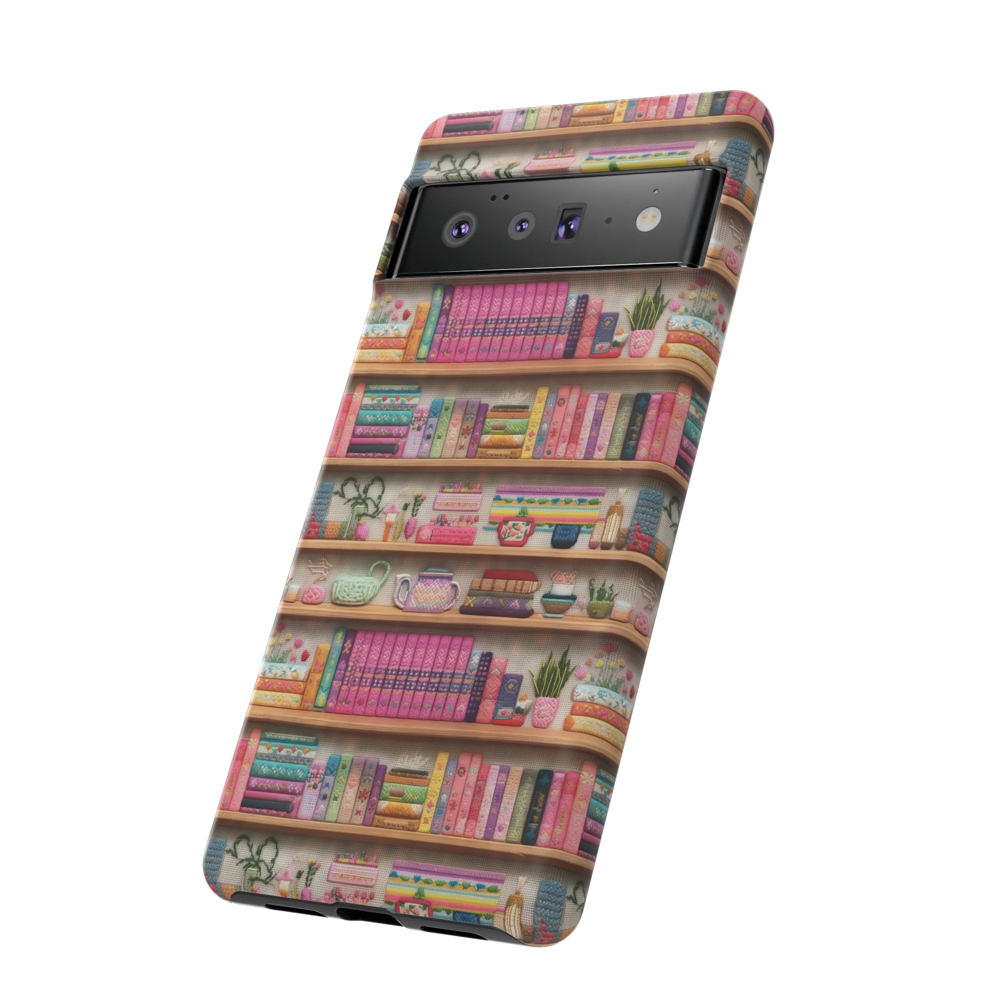 Phone Case 3D Illusion Books & Shelf Embroidery Design with Vibrant Colors Gift for Her Phone 15, Samsung iPhone Samsung Gift for Her Case iPhone 15, Samsung iPhone Samsung Accessory Gift for Her.