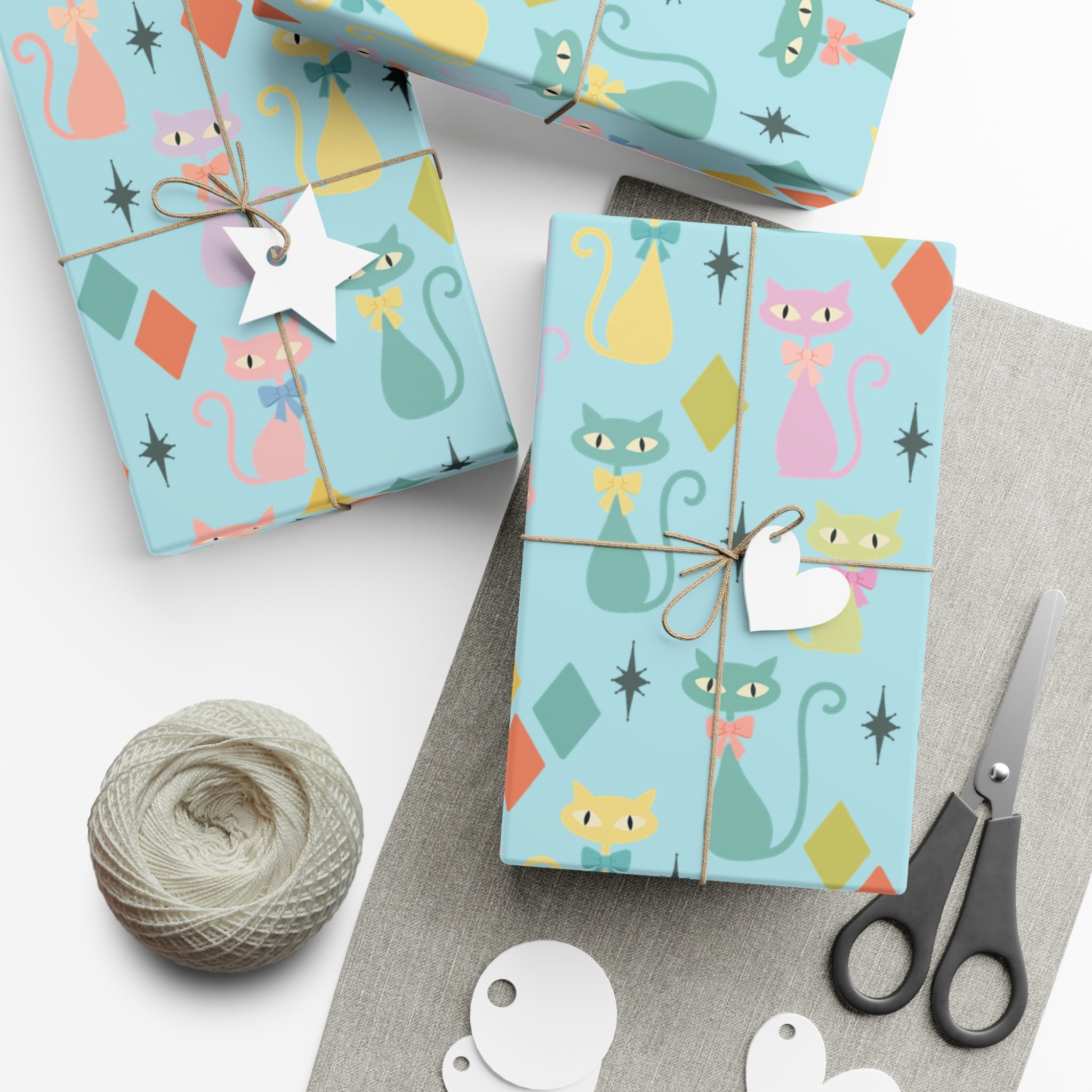Papier cadeau chat atomique, papier cadeau rétro, motif chaton pastel du milieu du siècle, fêtes vintage 30x20, 30x72, 30x144 Parfait pour toutes les occasions